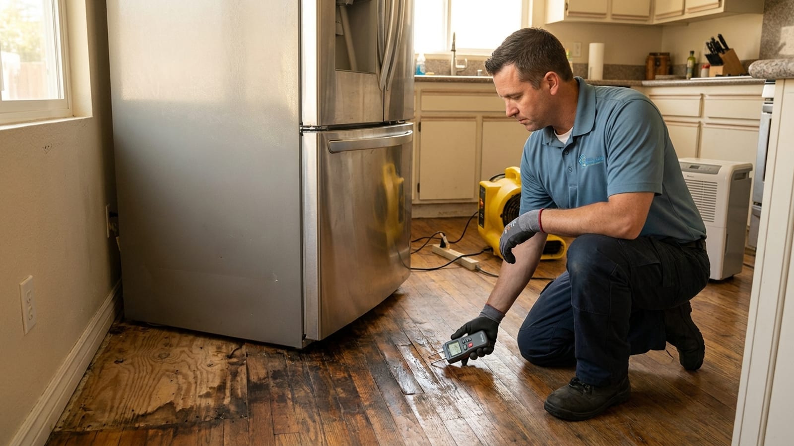 A refrigerator pulled away from a San Diego kitchen wall revealing water-stained flooring and a leaking supply line, with a technician checking moisture