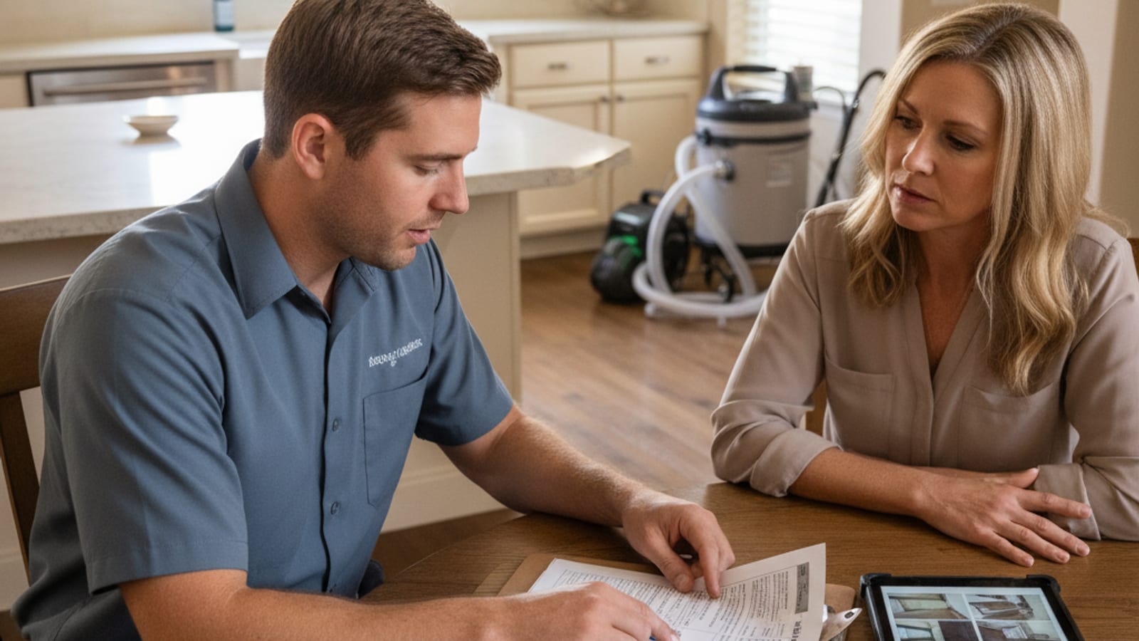 Restoration technician reviewing a water damage scope and cost estimate with a San Diego homeowner at a kitchen table