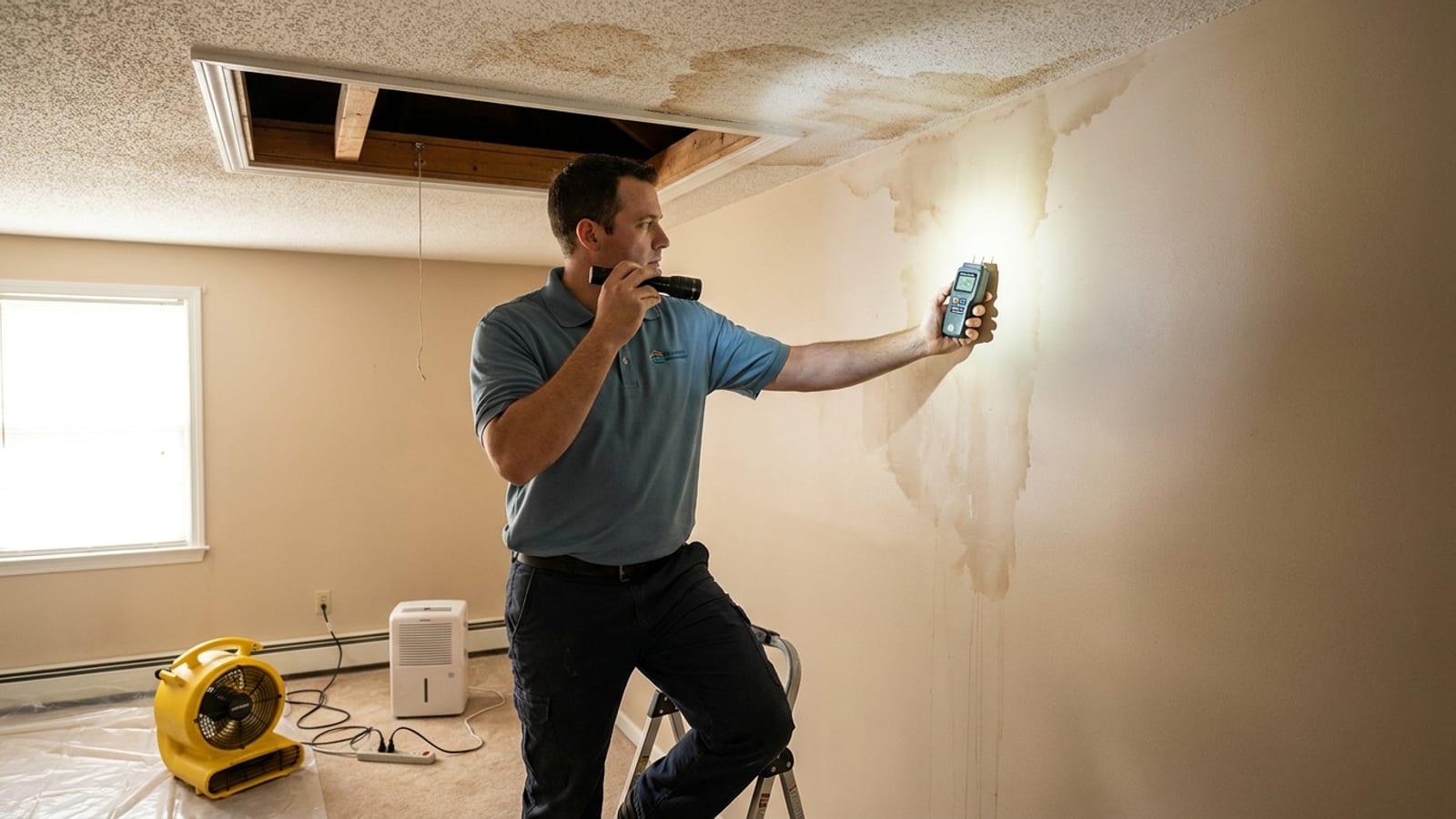 Water staining spreading from a ceiling down an interior wall in a San Diego home after a roof leak, with a technician inspecting the attic access
