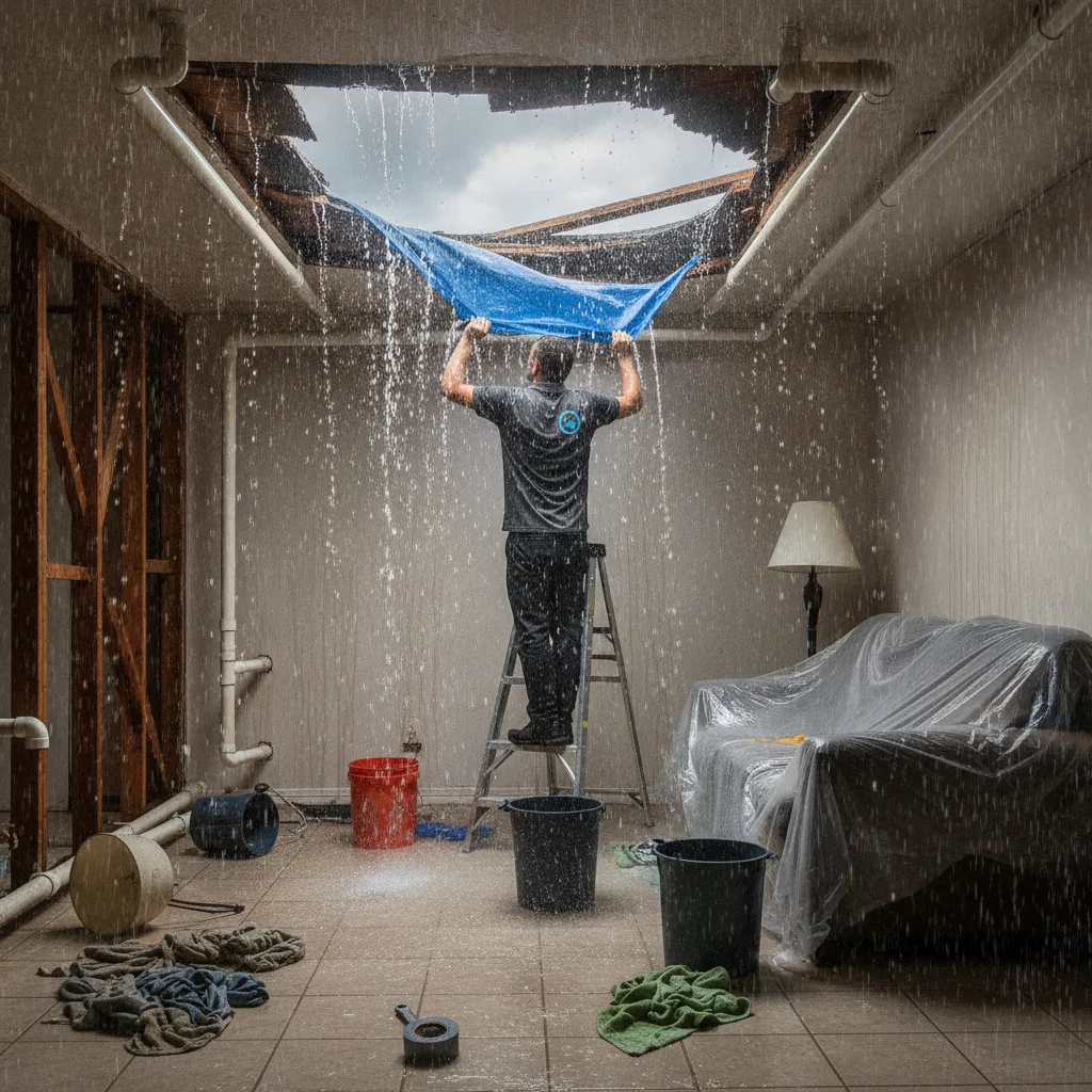 Rain entering a San Marcos home through a wind-damaged roof area