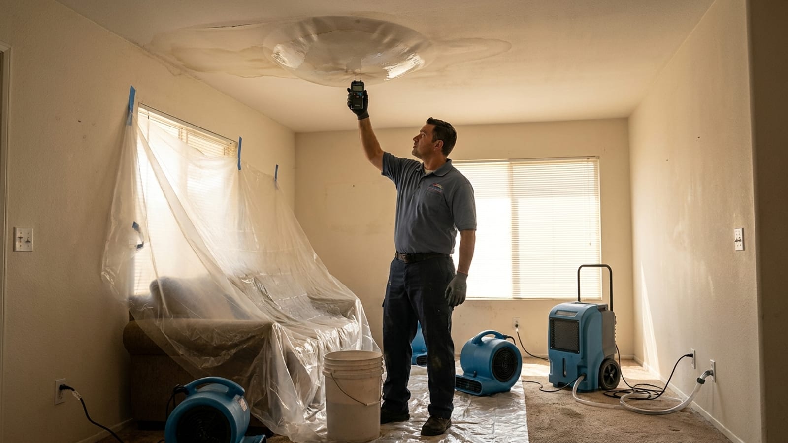A bulging, sagging section of ceiling drywall holding pooled water in a San Diego home, with a technician setting up containment below