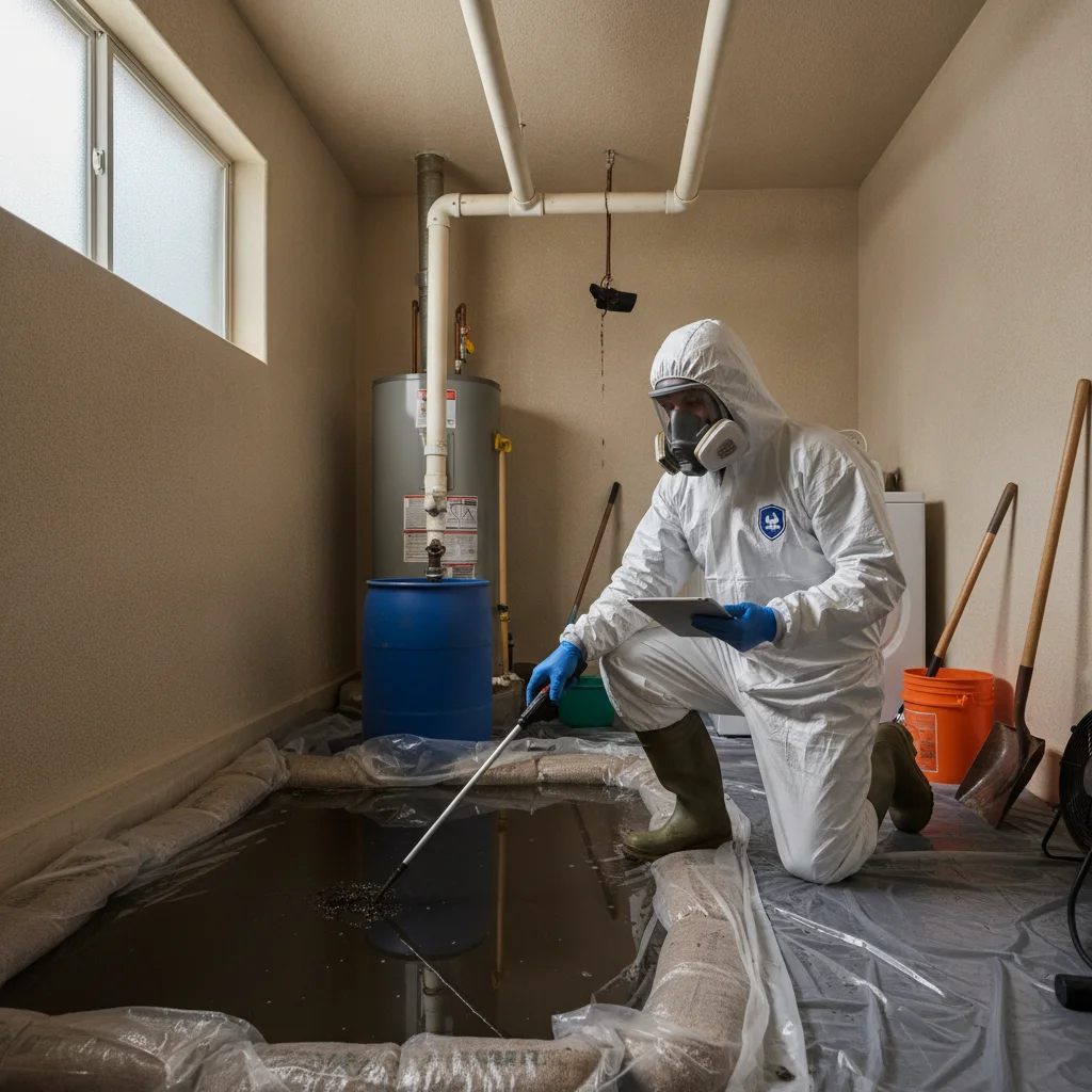 An independent cleanup professional assessing a sewage backup in a Chula Vista home