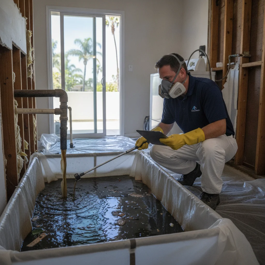 Independent cleanup professional assessing a sewage backup in an Encinitas home