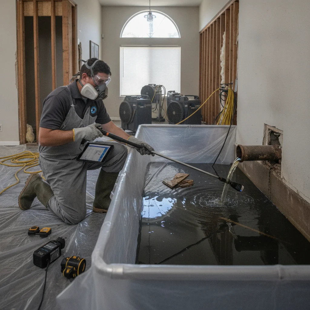 Cleanup professional in protective gear assessing a contained sewage backup in a La Mesa home