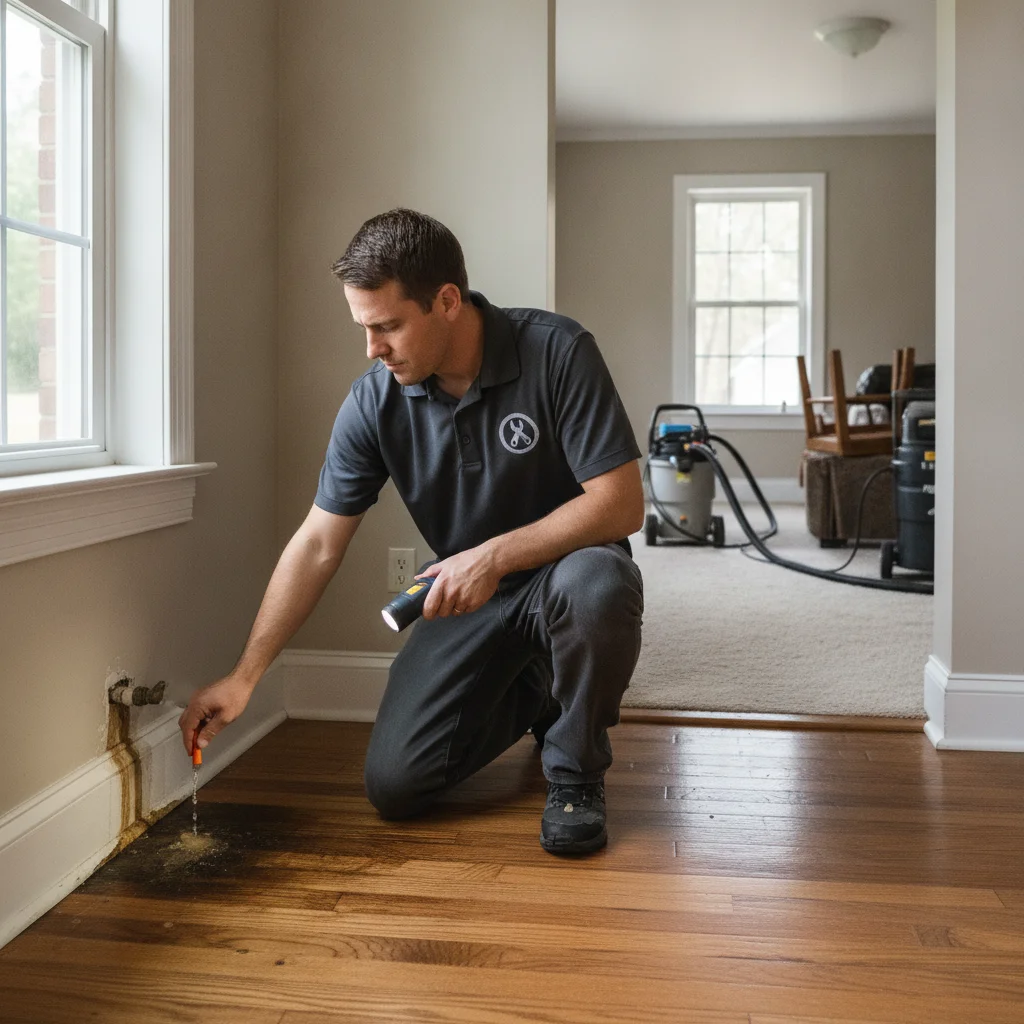 An independent cleanup professional assessing flooring, baseboards, and an adjoining room after a contained backup