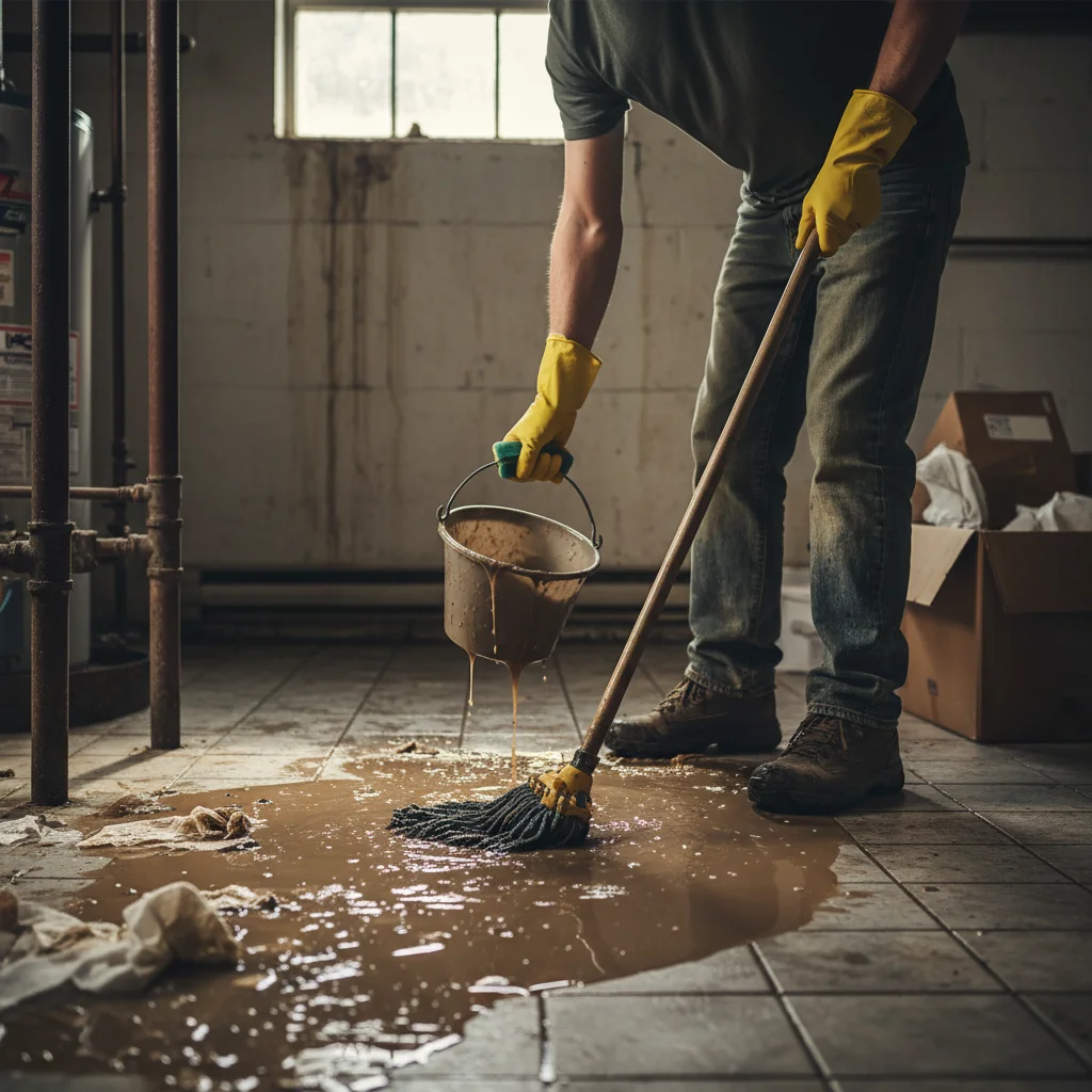 Protective barriers and air scrubbers set up during a category 3 contaminated water cleanup in a San Diego home.