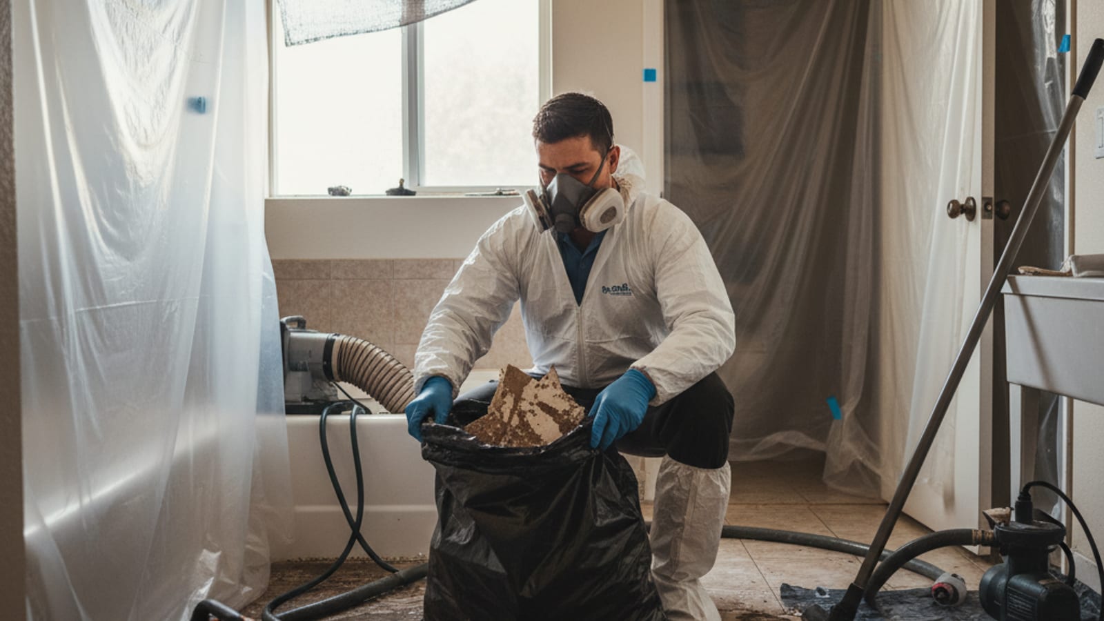 Restoration technician in full PPE bagging contaminated drywall after a sewage backup in a San Diego home