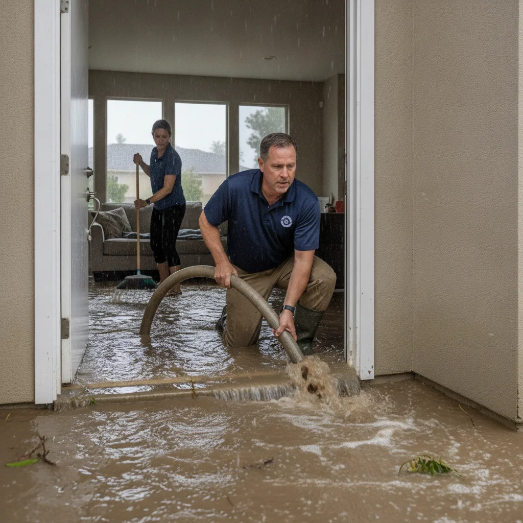 Street runoff entering a Vista home through an exterior doorway during heavy rain