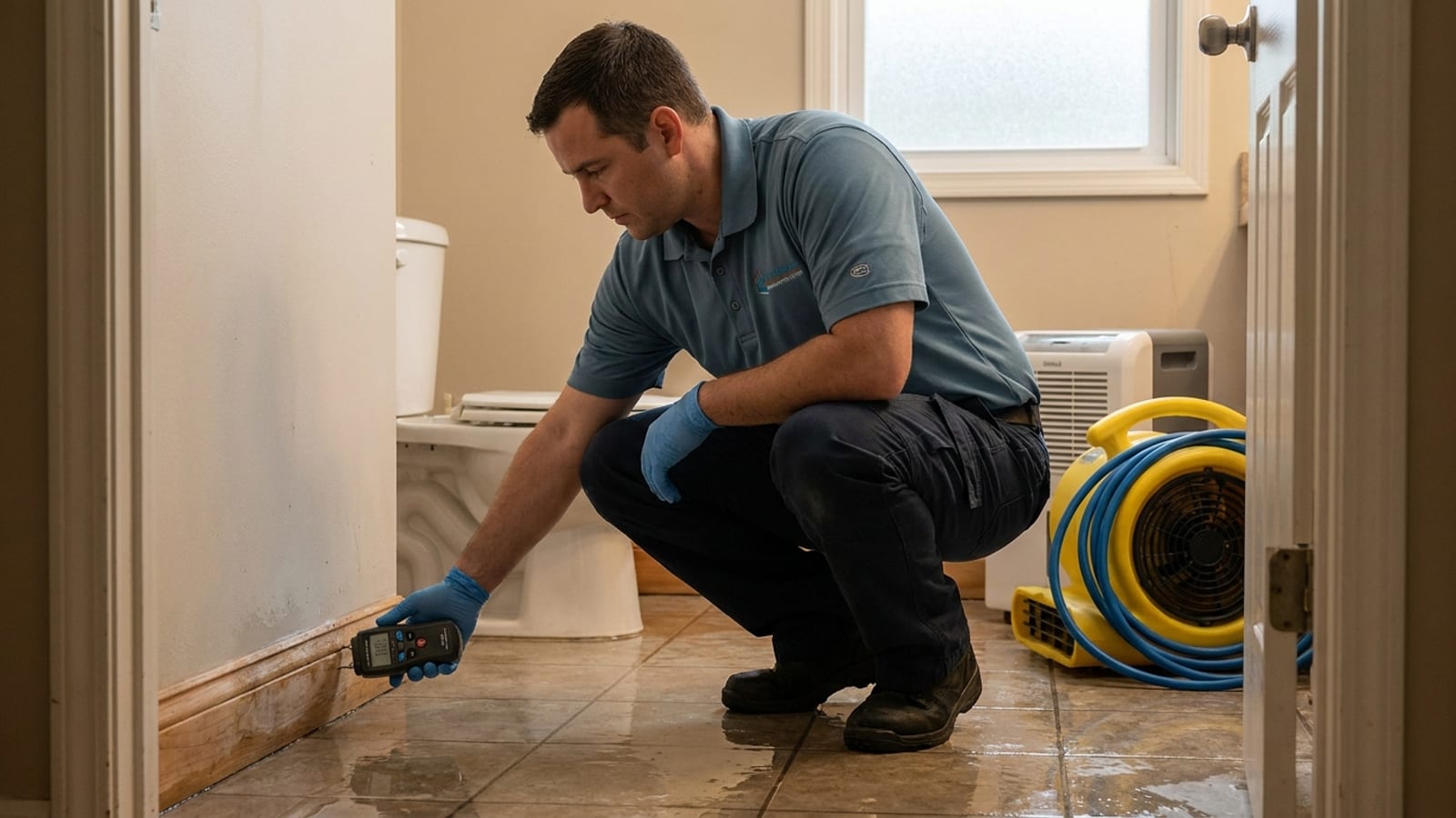 A bathroom floor with water from an overflowing toilet reaching the baseboards, with a restoration technician in protective gear assessing the spread