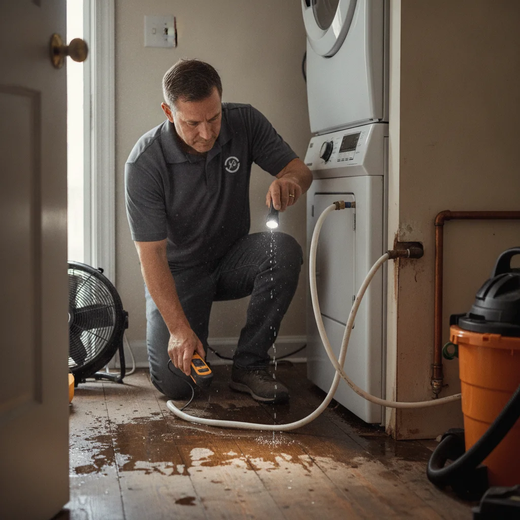 An independent restoration professional inspecting a soaked upstairs laundry closet floor