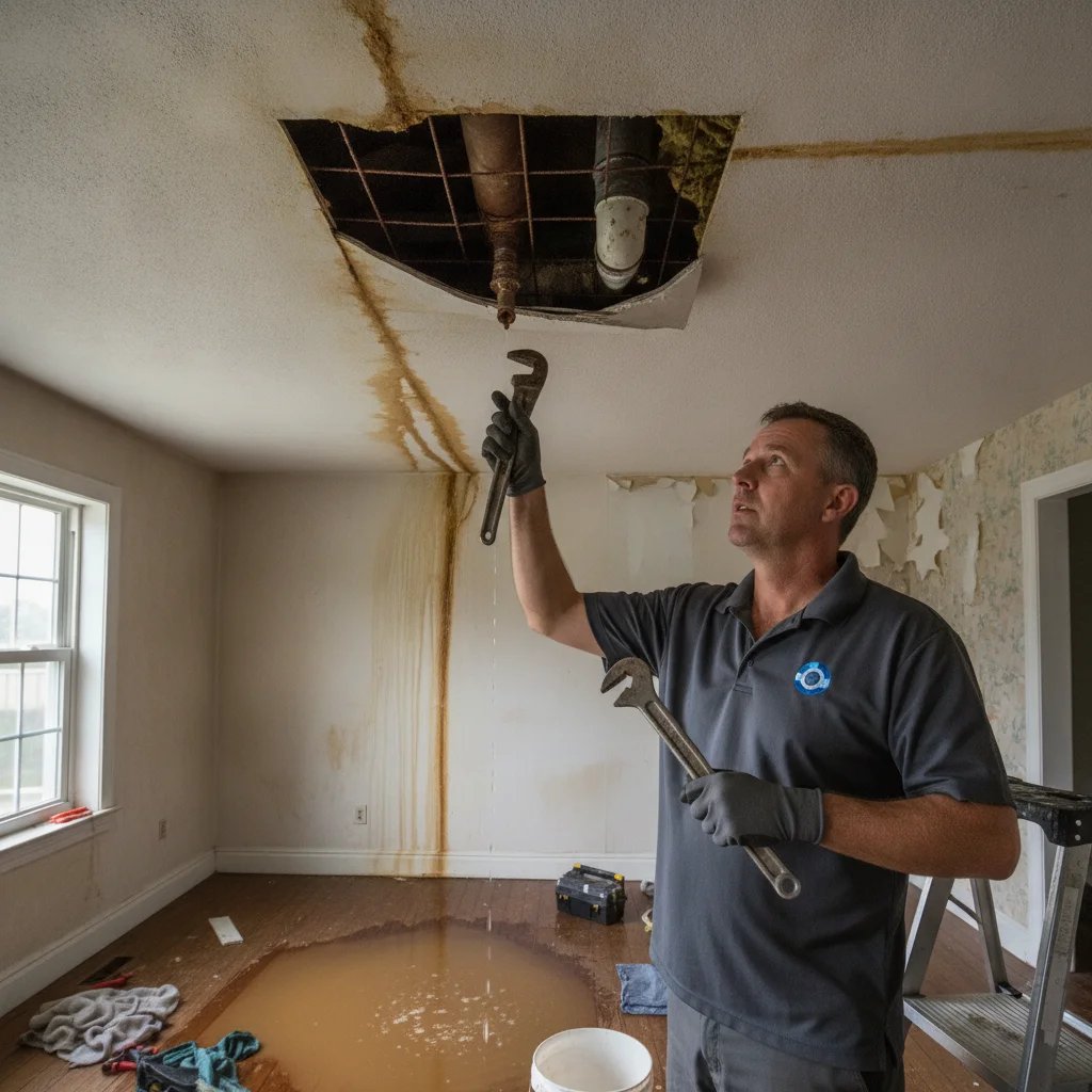 A water-stained ceiling in the room directly below an upstairs laundry area