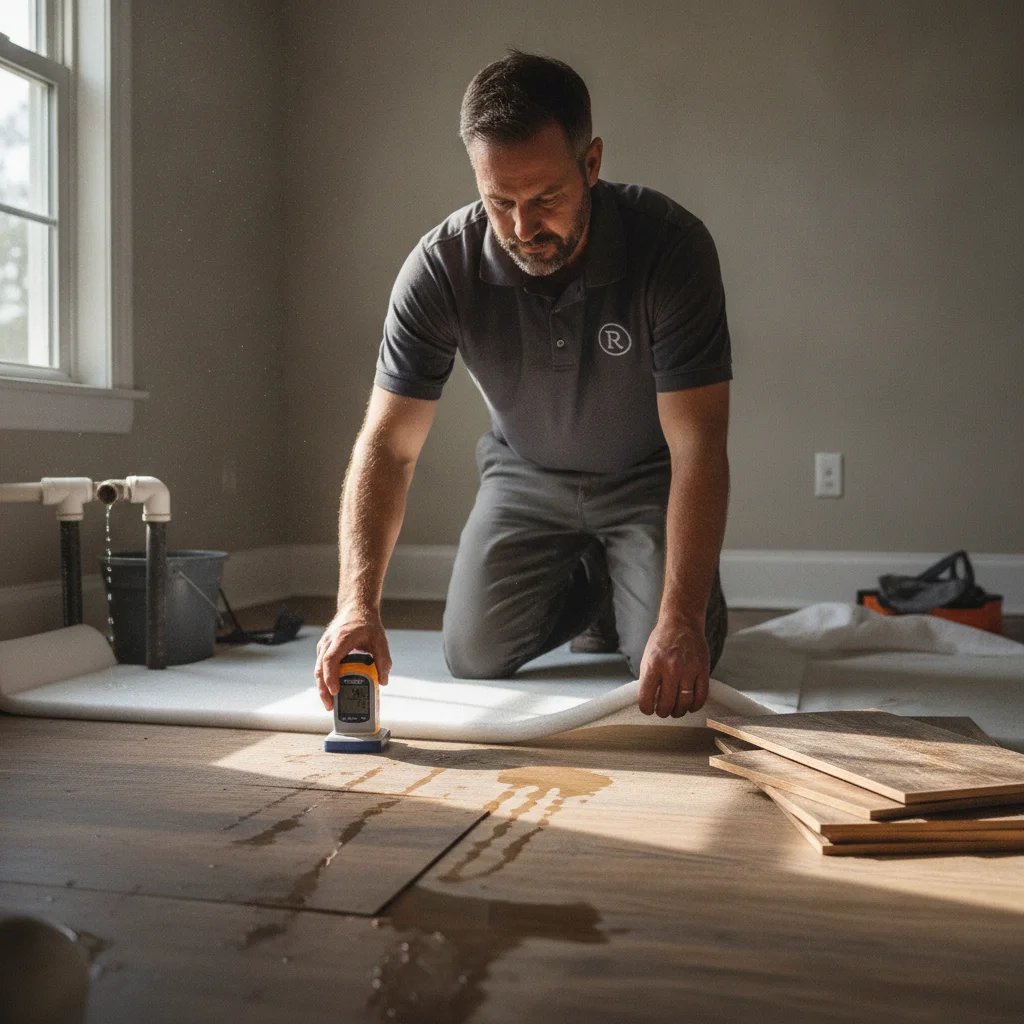 An independent restoration professional checking vinyl plank, underlayment, and the subfloor with a moisture meter