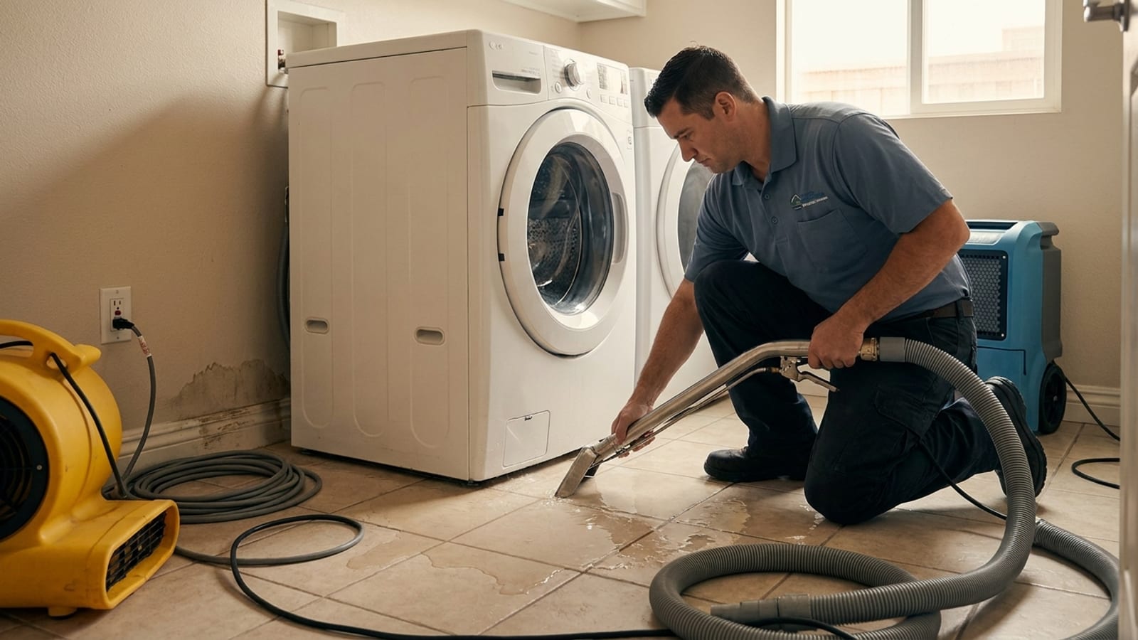 Water spreading across a laundry room floor from an overflowing washing machine in a San Diego home, with a restoration technician beginning extraction