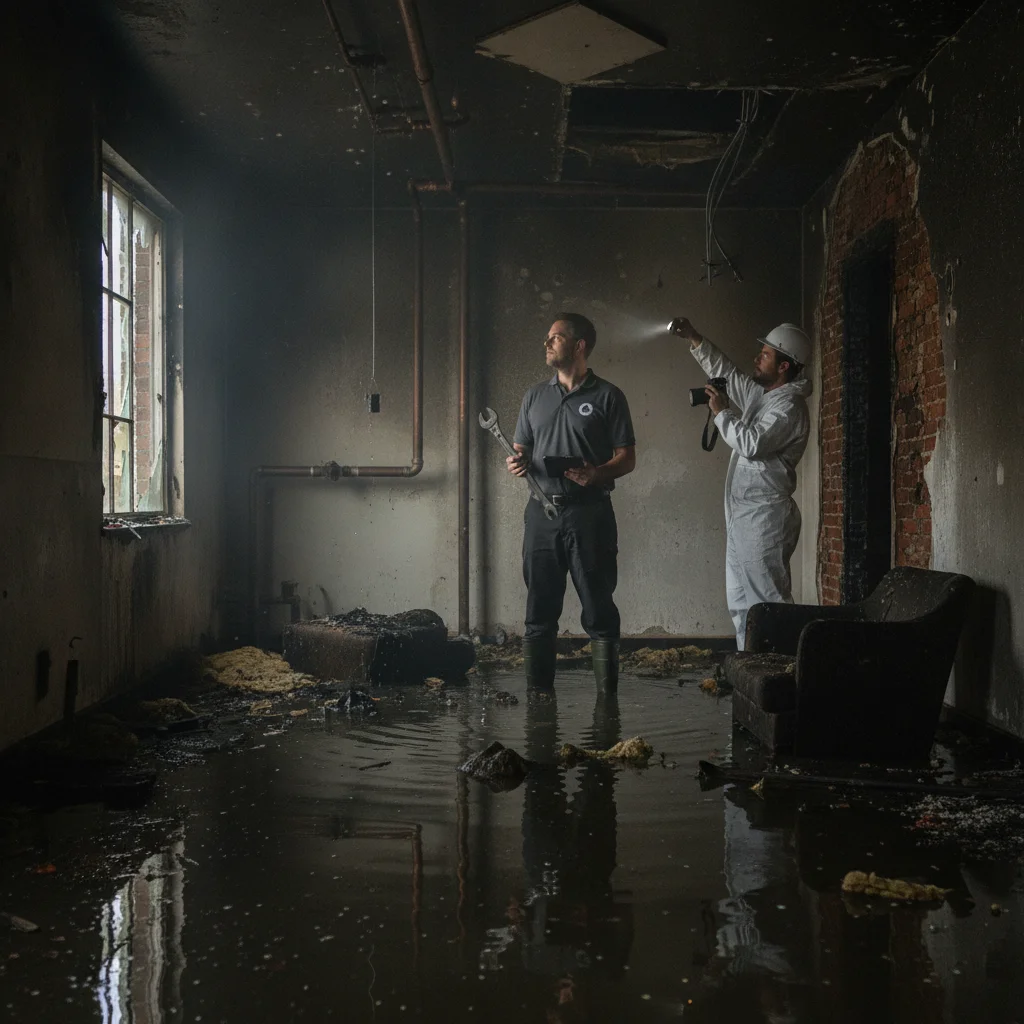Standing water and charred material in a room where firefighting has ended and assessment is beginning