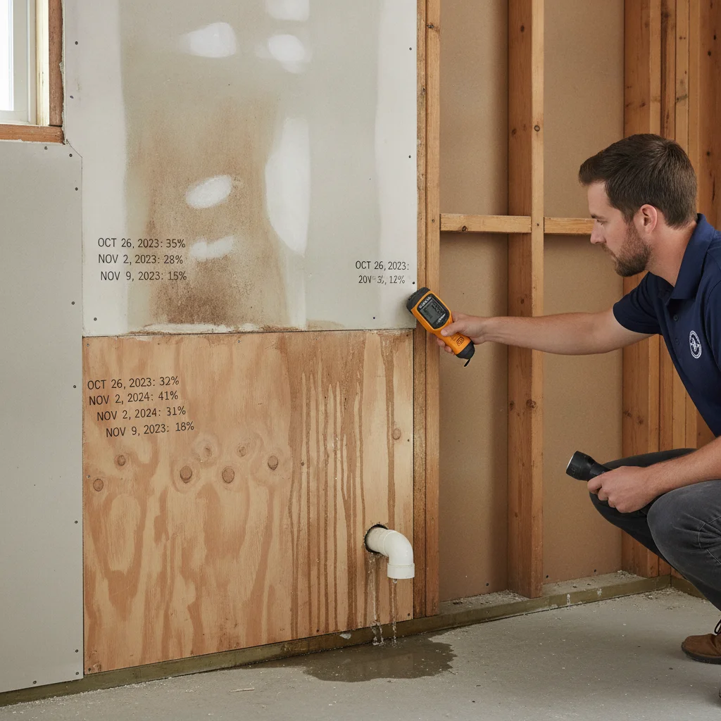 A clean visual showing dated moisture readings changing across drywall, subfloor