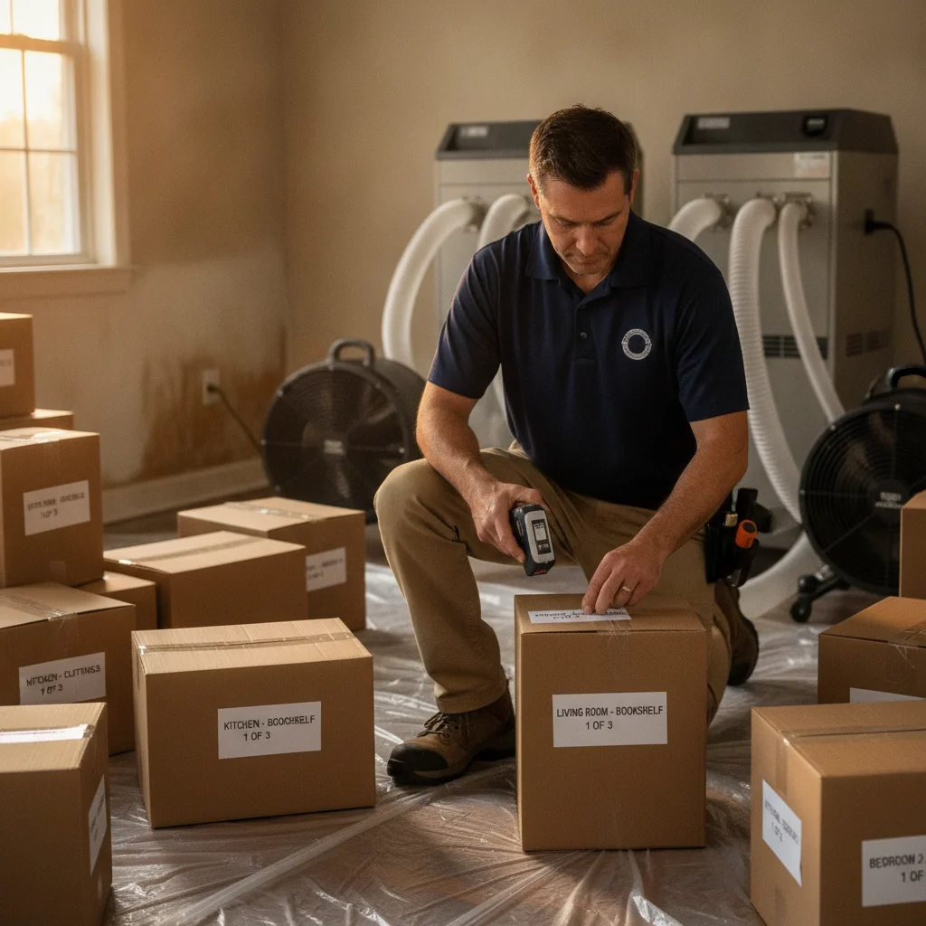 Restoration professional labeling household contents before a pack-out