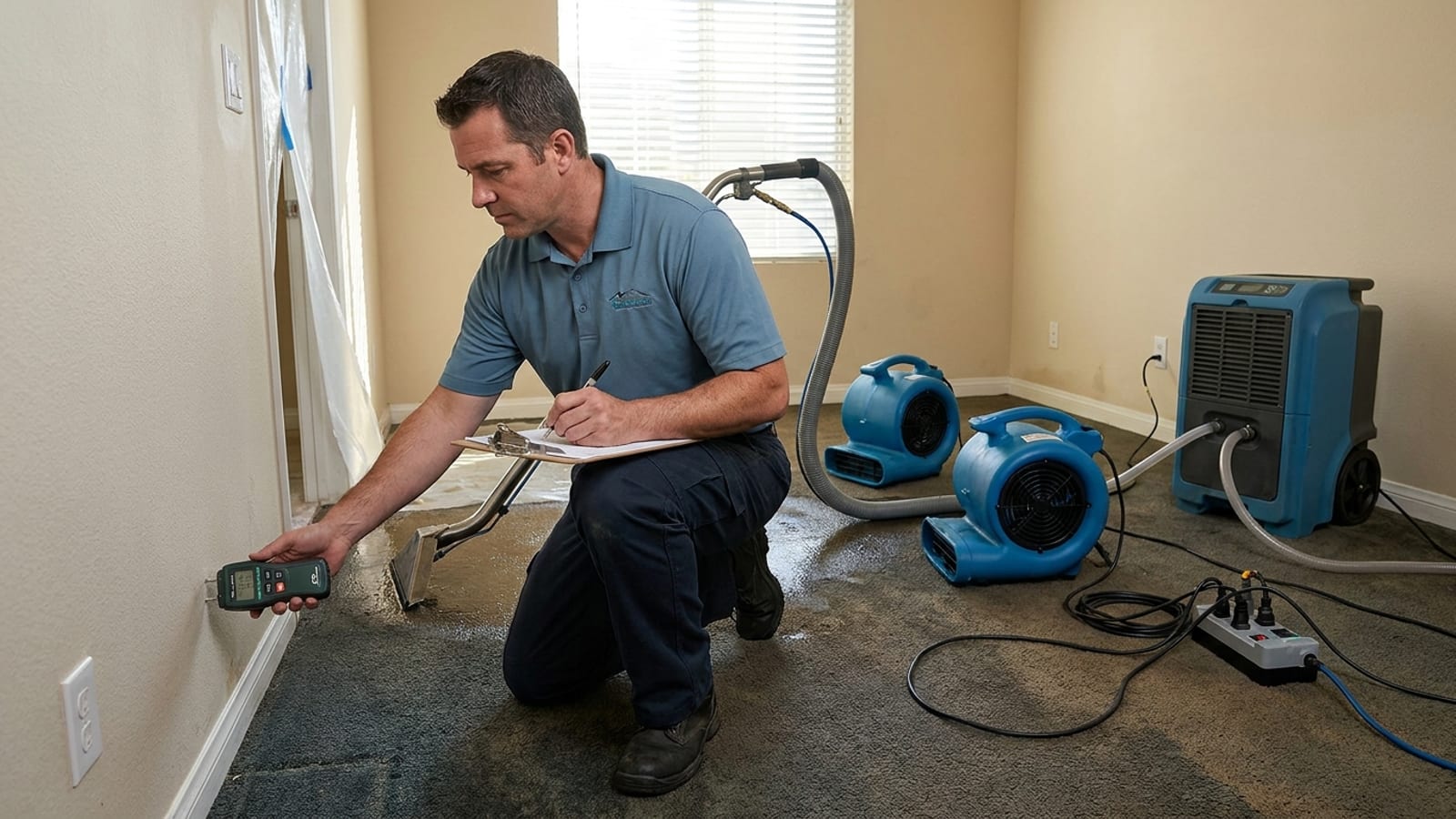 A sequence of restoration work in a San Diego home: extraction, air movers and dehumidifier running, and a technician logging moisture readings
