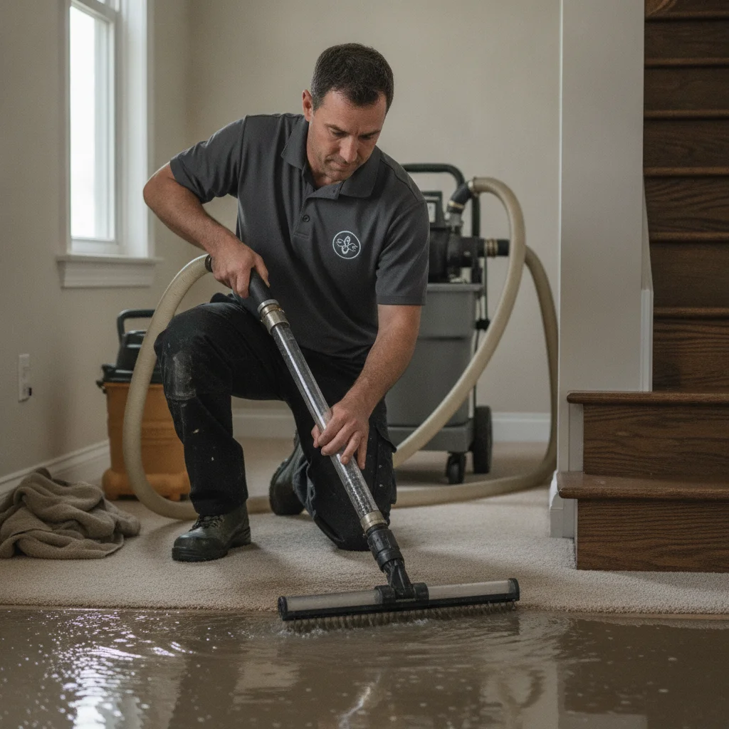 An independent extraction professional working a wand across soaked carpet at the base of a staircase
