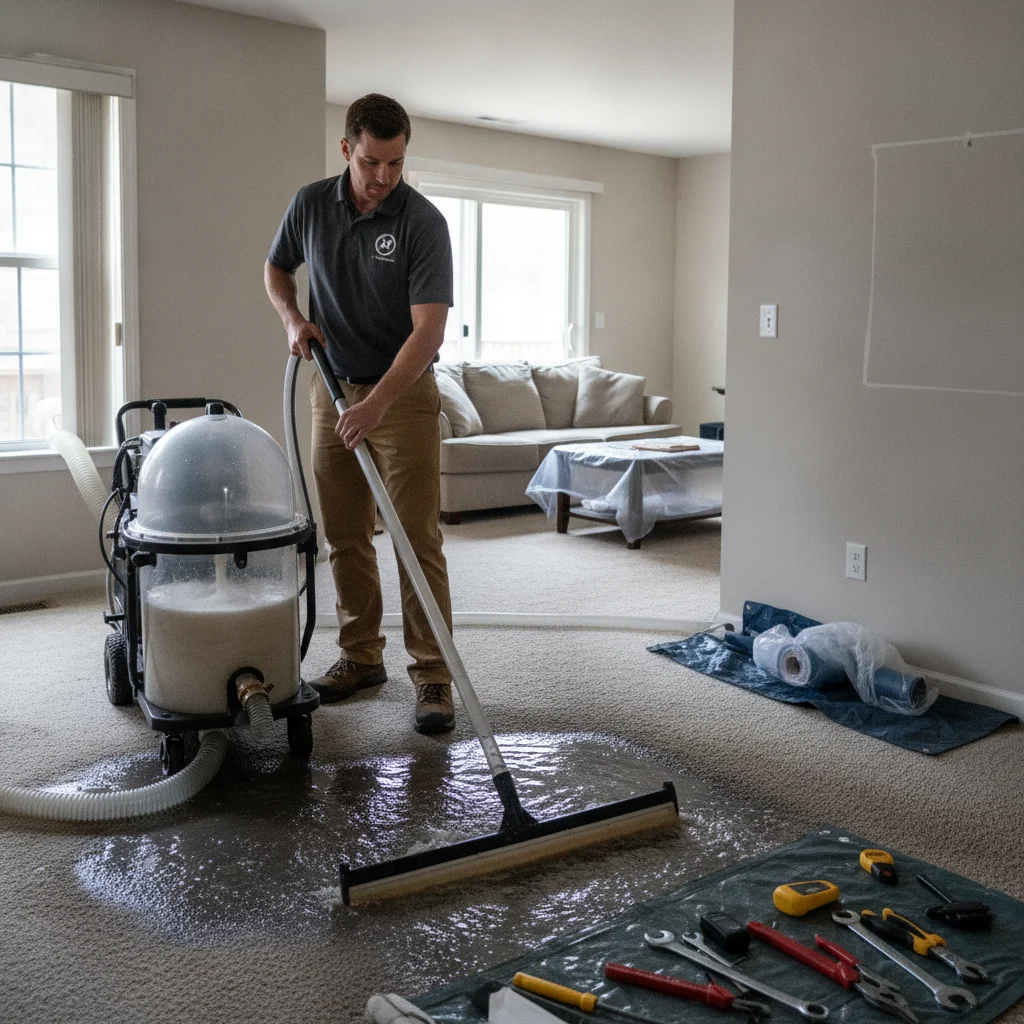 Extraction professional working beside a shared wall in a Mira Mesa townhome
