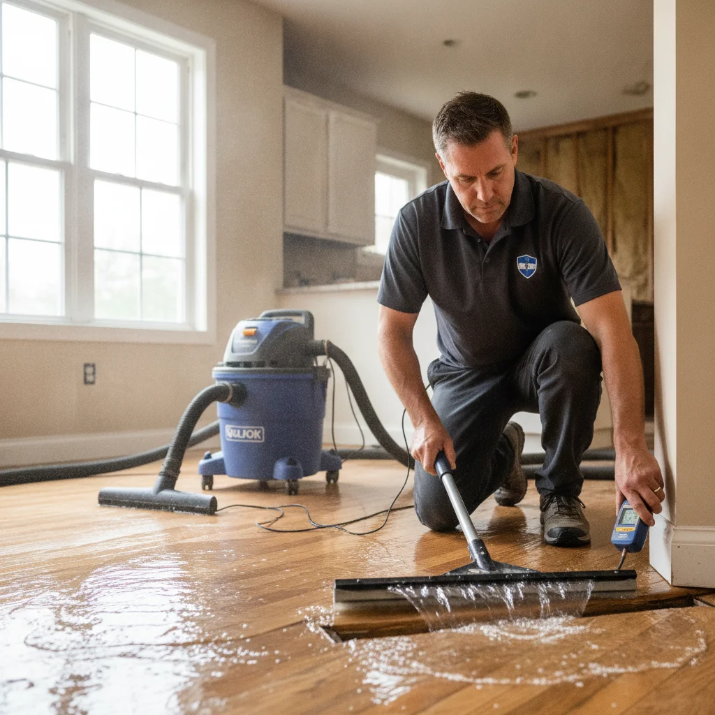 Restoration professional extracting water and checking nearby materials