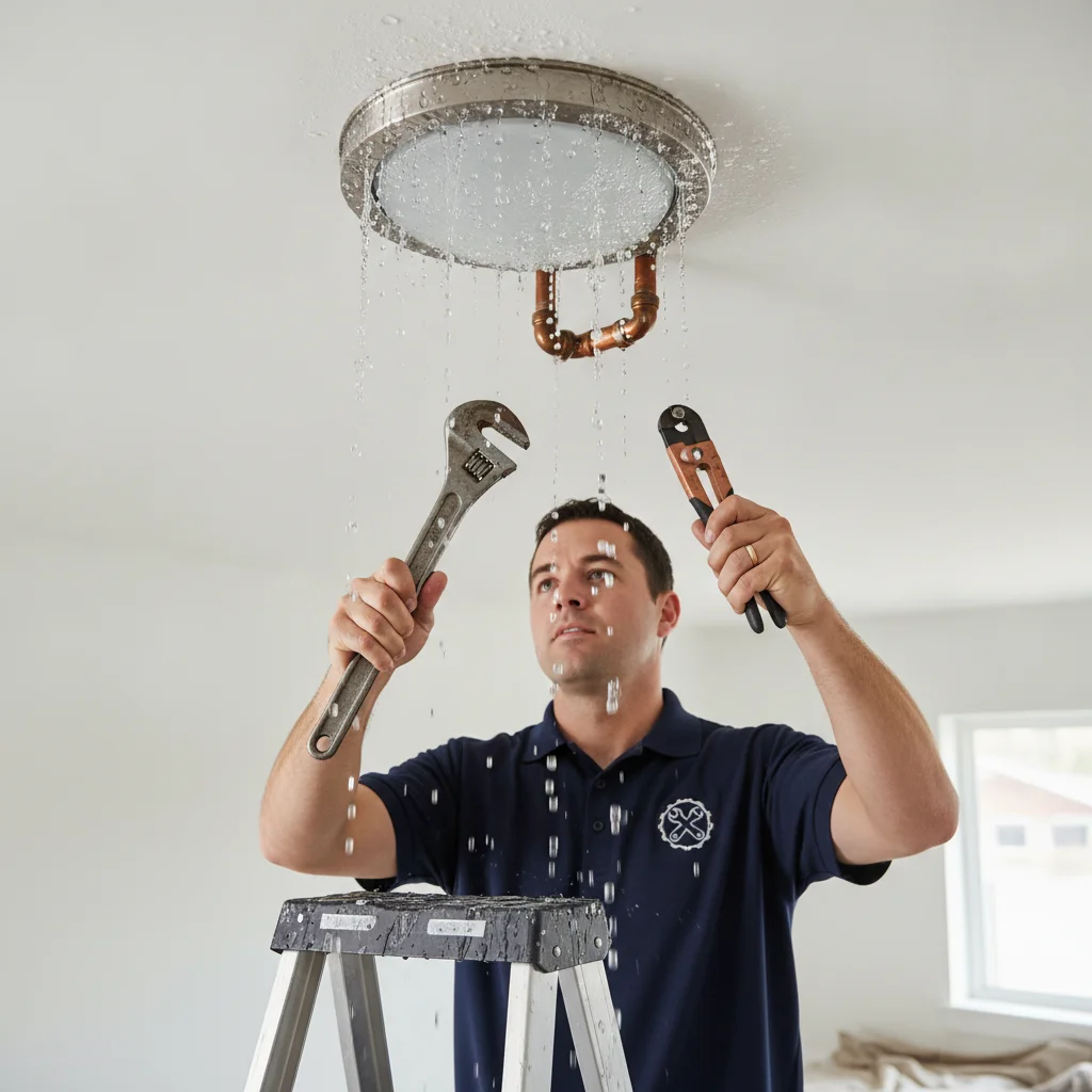 Water droplets around a ceiling light fixture with the surrounding room kept clear