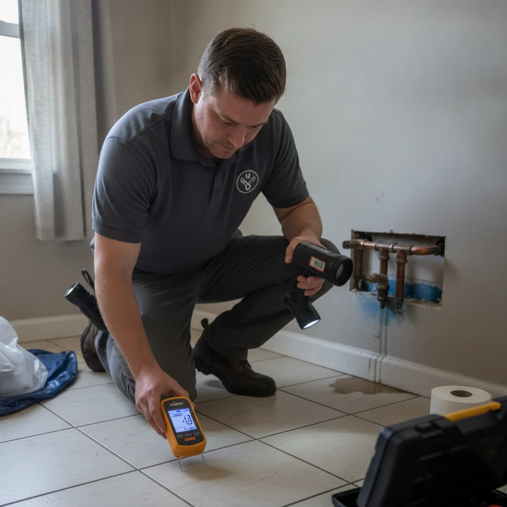 An independent restoration professional checking a tiled floor for hidden moisture after a residential leak