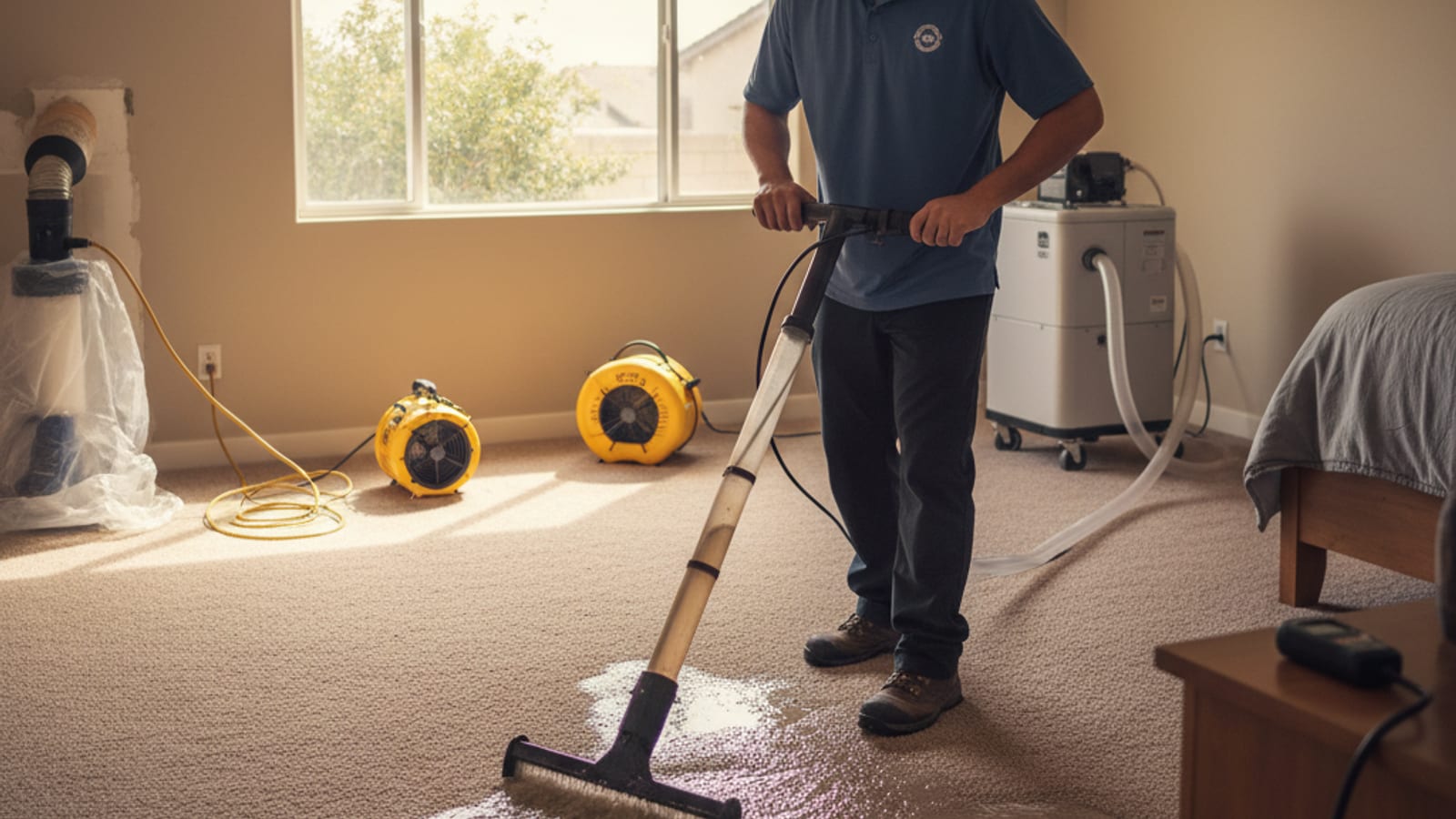 Restoration technician using a weighted extraction wand on saturated bedroom carpet in a San Diego home