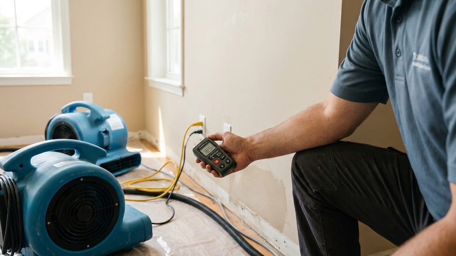 A section of wet drywall in a San Diego home with baseboards removed and a moisture meter reading saturation, air movers running nearby