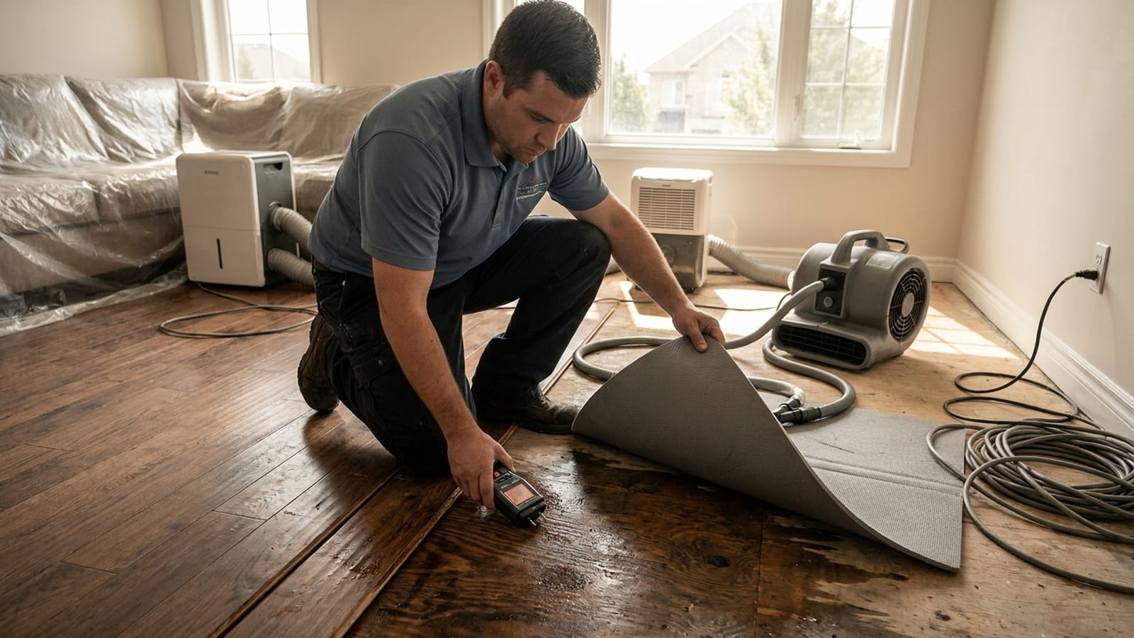 Flooring partially lifted in a San Diego home to reveal a wet, darkened subfloor, with a moisture meter reading and a drying mat in place
