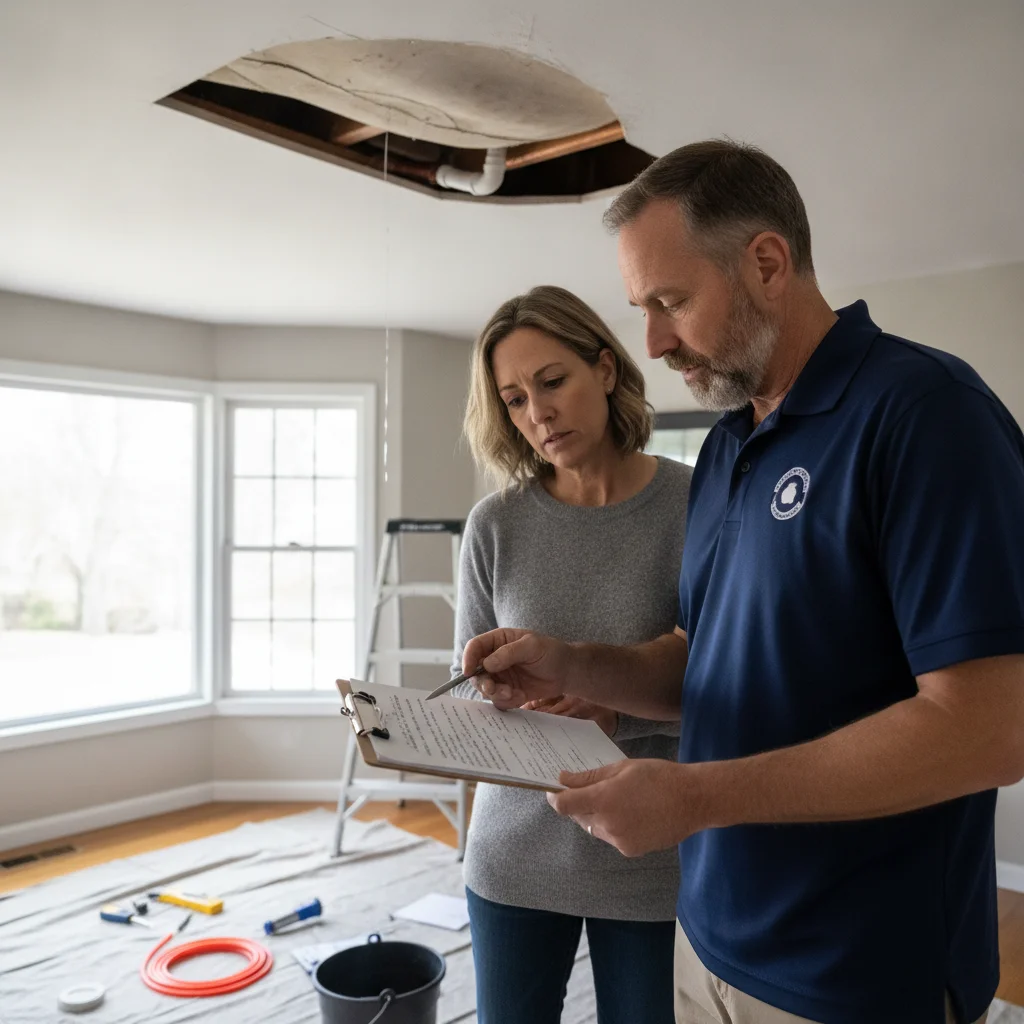 Homeowner reviewing a written ceiling repair scope with a local professional