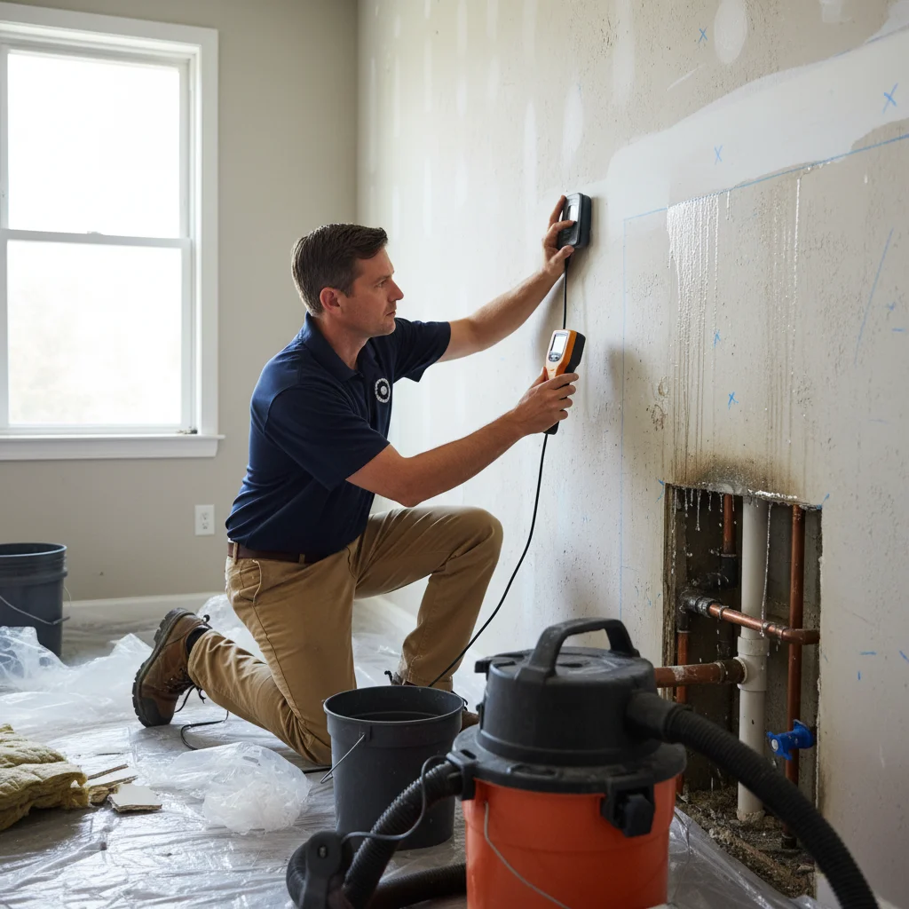 A professional restoration technician using a non-invasive moisture meter on a drywall surface to map out water saturation.