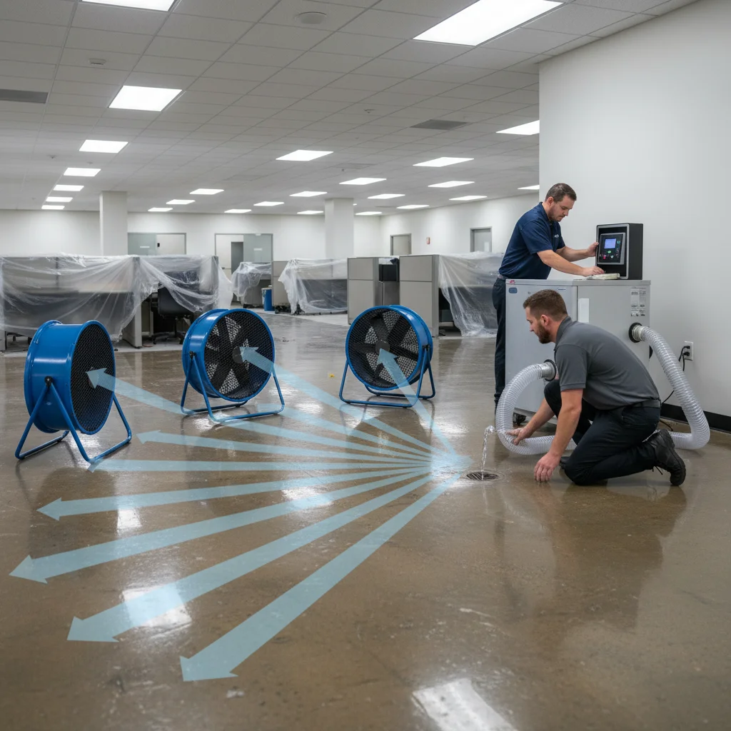 A clear diagram showing how air movers create airflow across a wet floor towards
