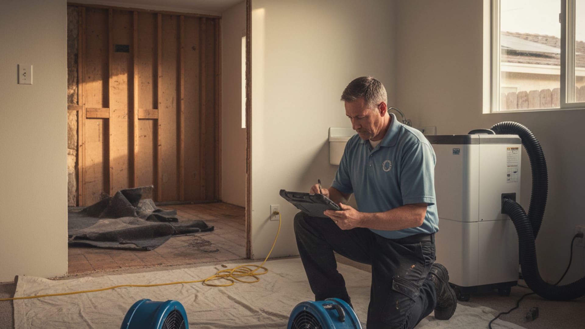 Water damage restoration technician taking moisture readings on drying drywall in a San Diego home in afternoon light