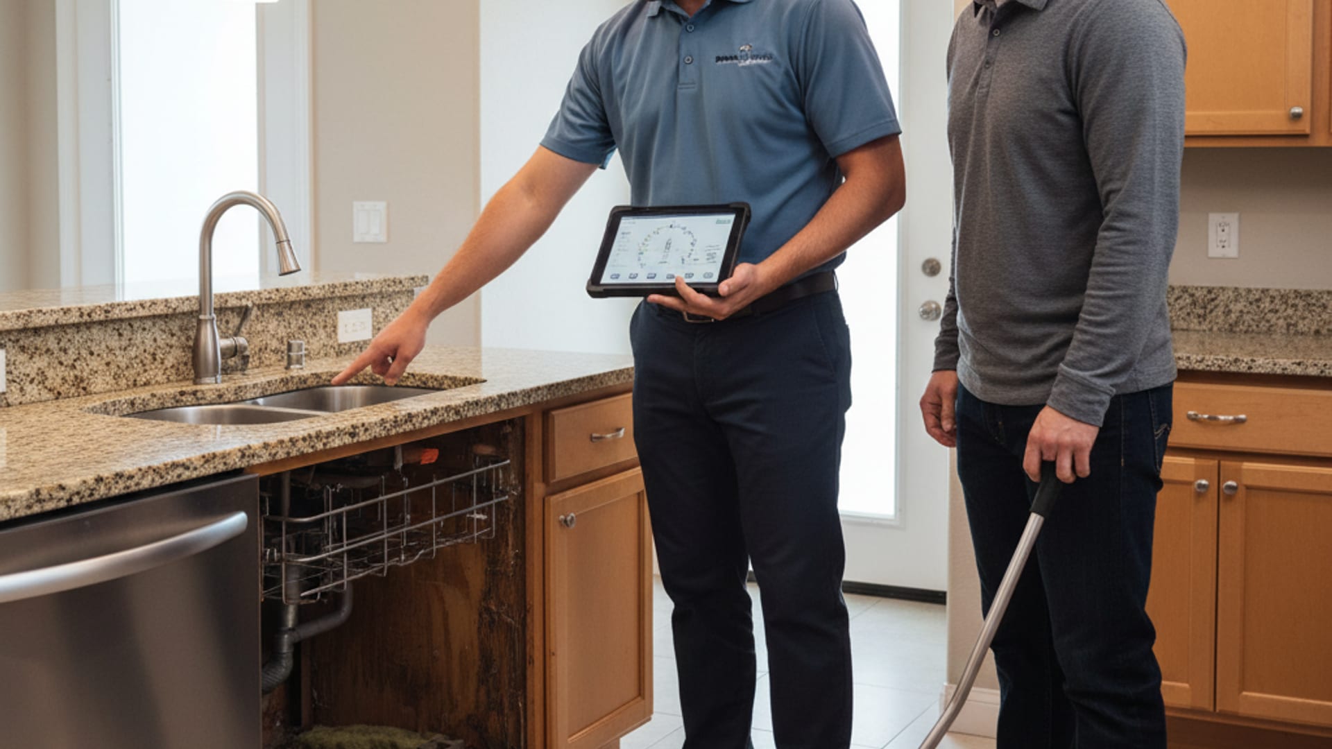 Restoration technician explaining moisture readings to a San Diego homeowner during an active water damage assessment