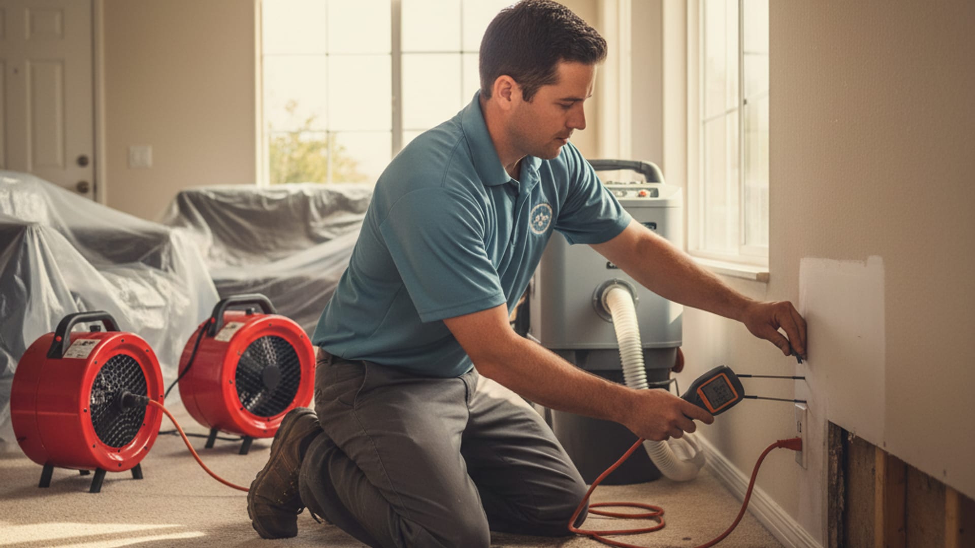 Water damage restoration technician in a slate-blue polo using a moisture meter on a flooded San Diego living room