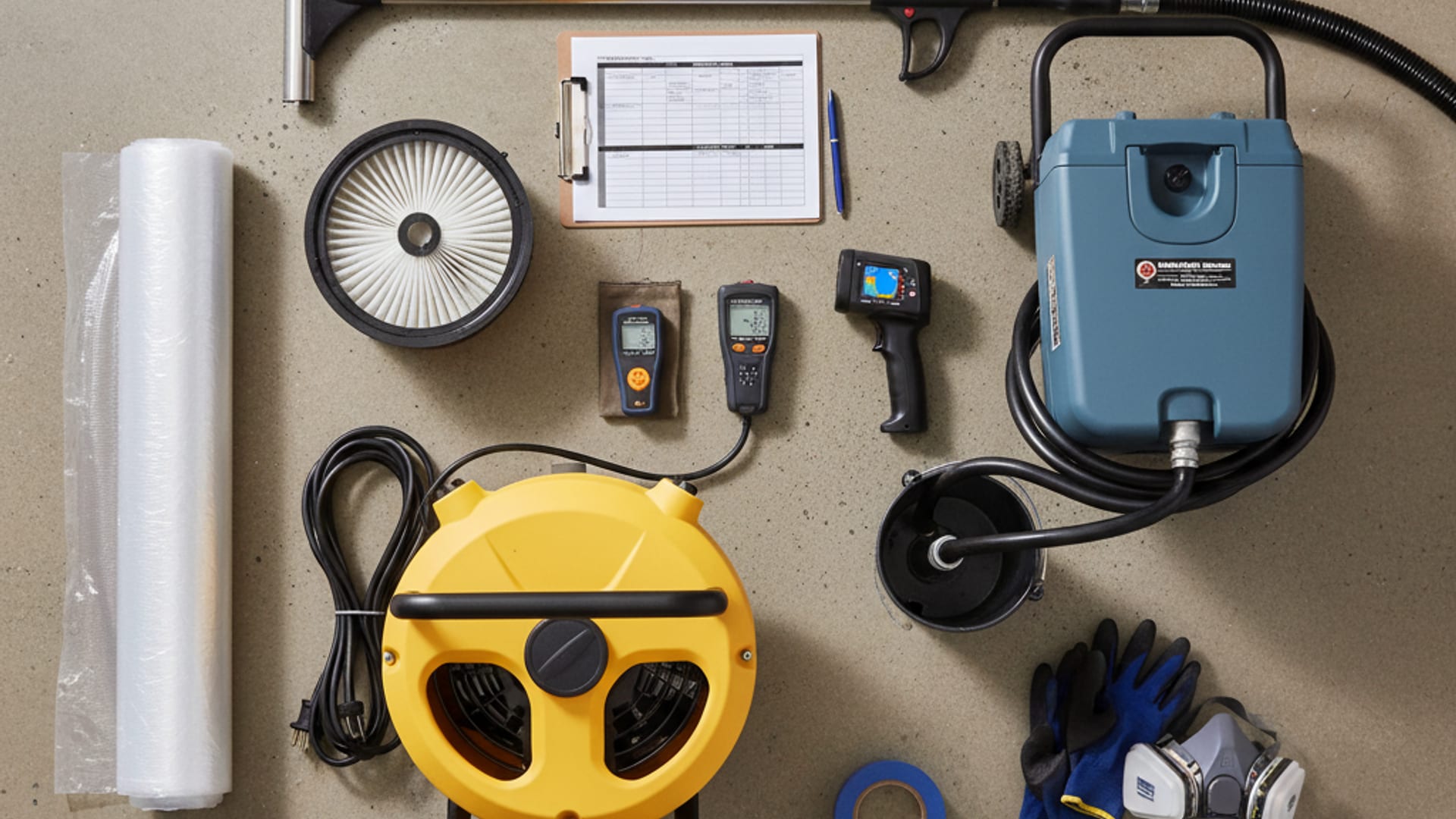 Overhead flat-lay of professional restoration equipment — air movers, dehumidifier, moisture meter, and HEPA scrubber on a clean work surface