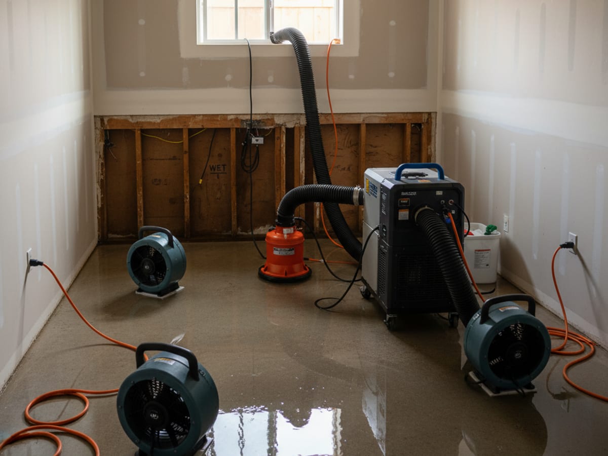 Submersible pump and structural-grade dehumidifier deployed in a flooded San Diego basement