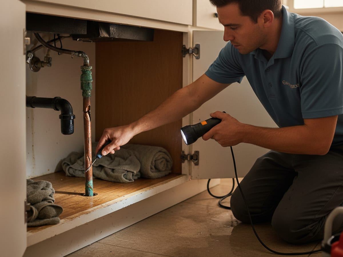 Restoration technician inspecting a burst copper pipe under a kitchen sink in a San Diego home
