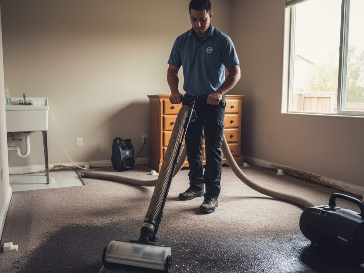 Restoration technician using a weighted extraction wand on saturated bedroom carpet in a San Diego home