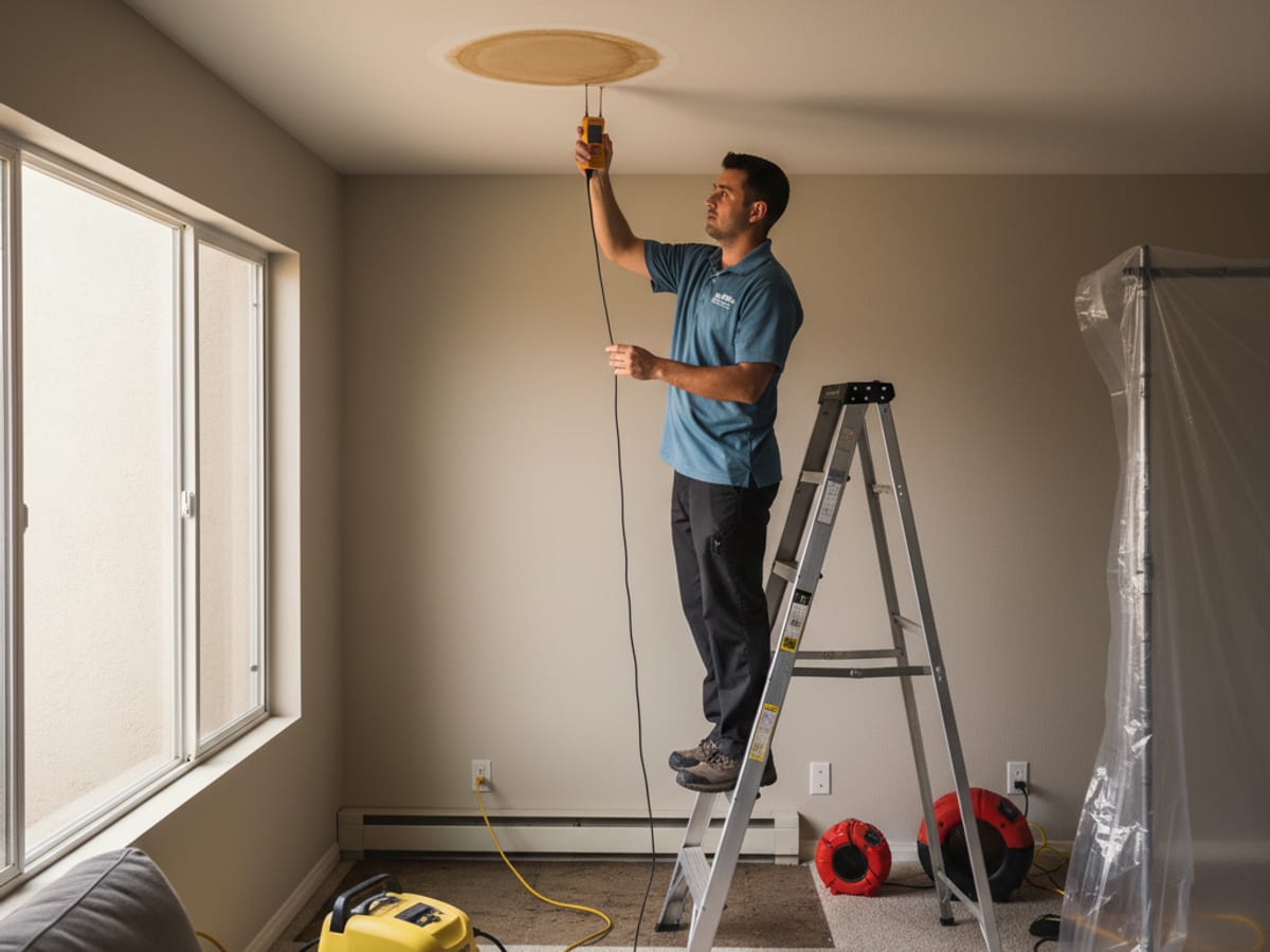 Stained and sagging drywall ceiling in a San Diego living room being inspected by a restoration technician