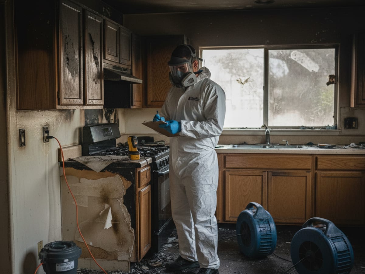 Restoration technician in PPE assessing fire and smoke damage in a San Diego kitchen with water-damaged drywall