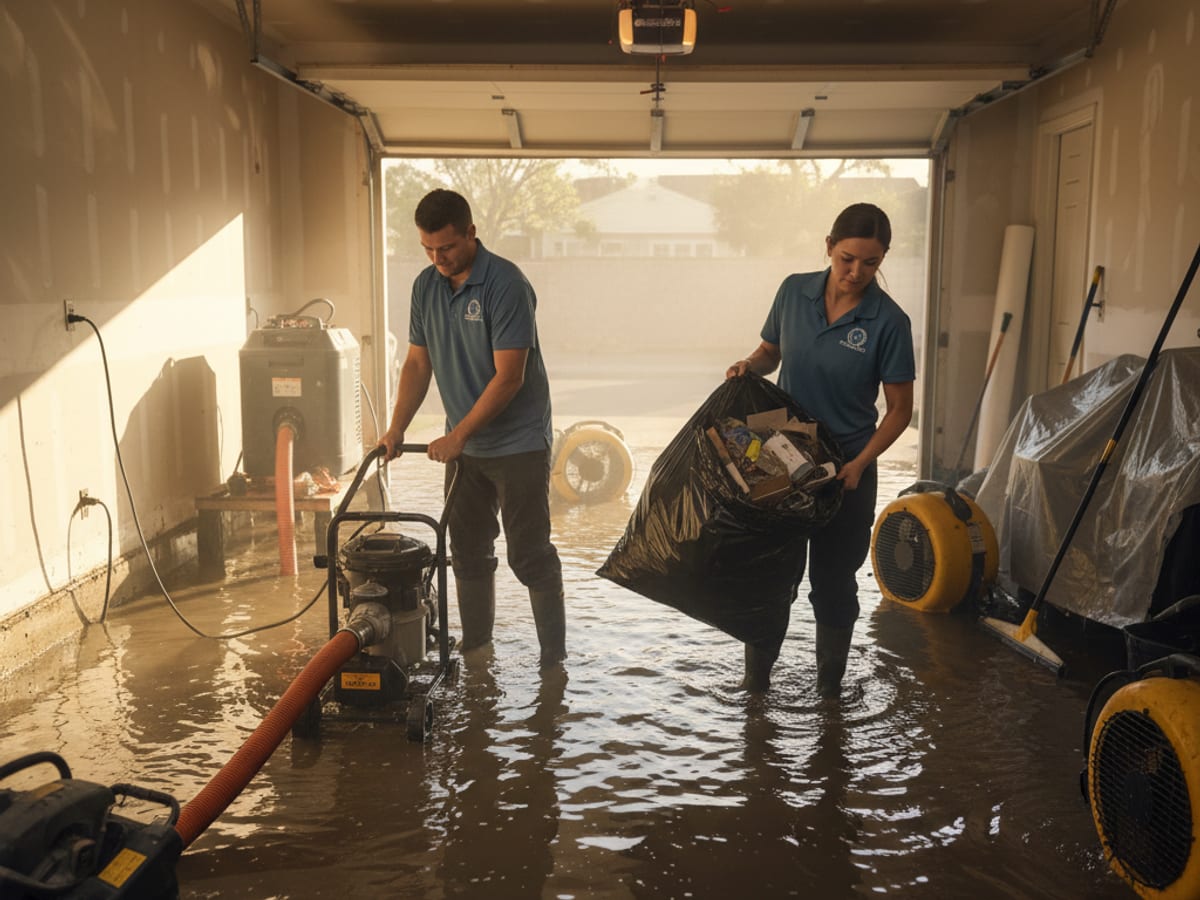 Restoration crew clearing storm flood debris and water from a San Diego garage