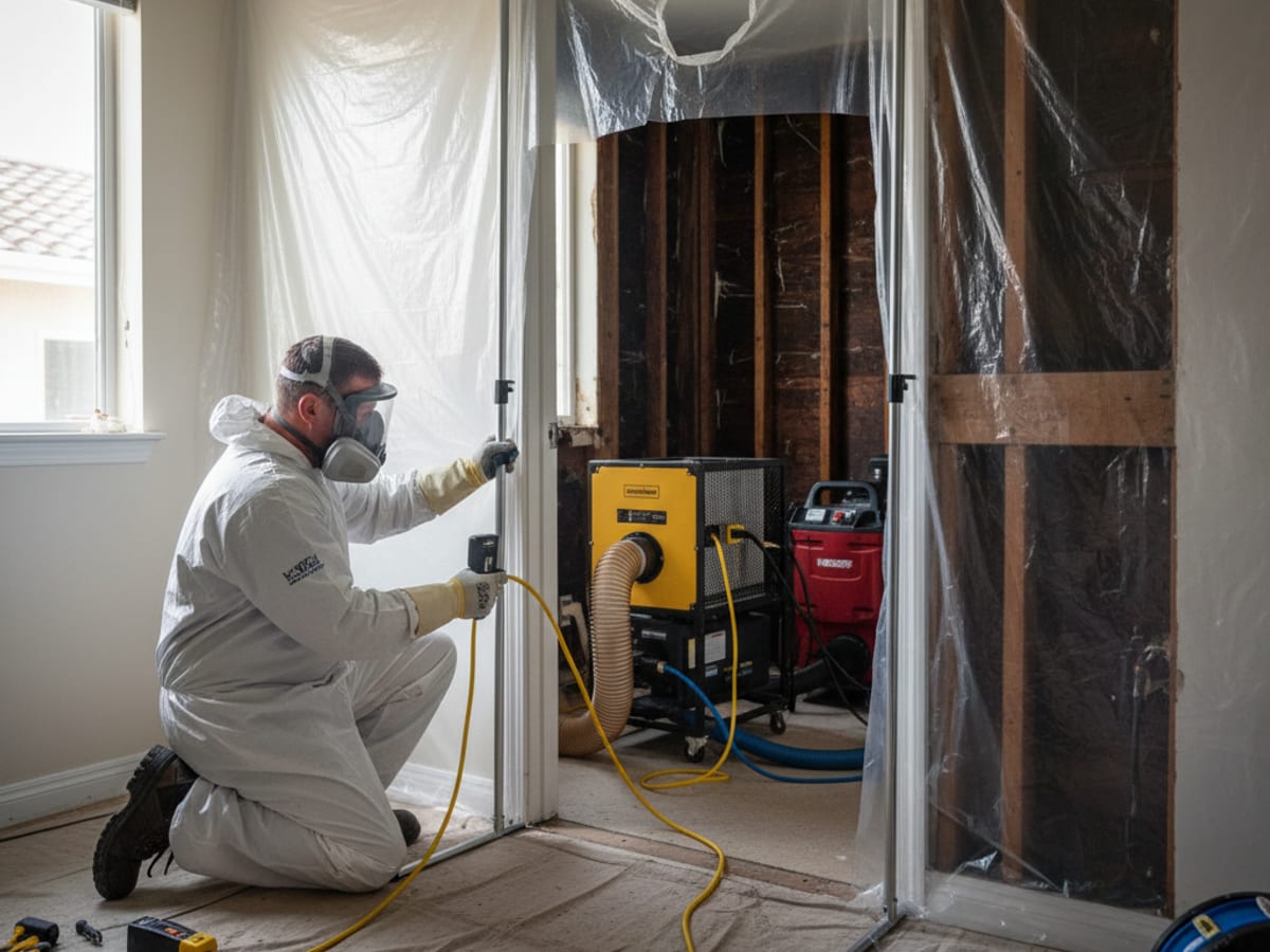 Restoration technician in PPE setting up containment barrier and HEPA air scrubber in a San Diego bathroom