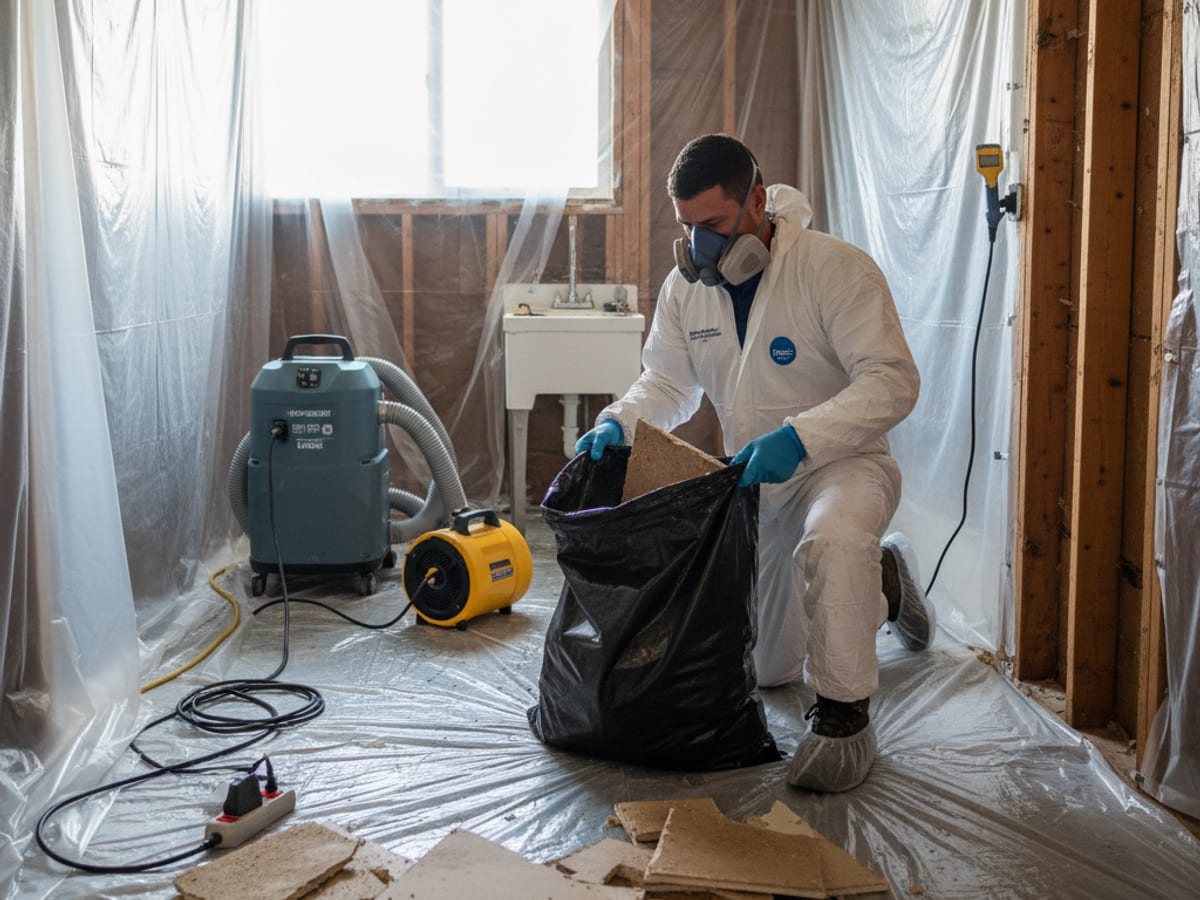 Restoration technician in full PPE bagging contaminated drywall after a sewage backup in a San Diego home