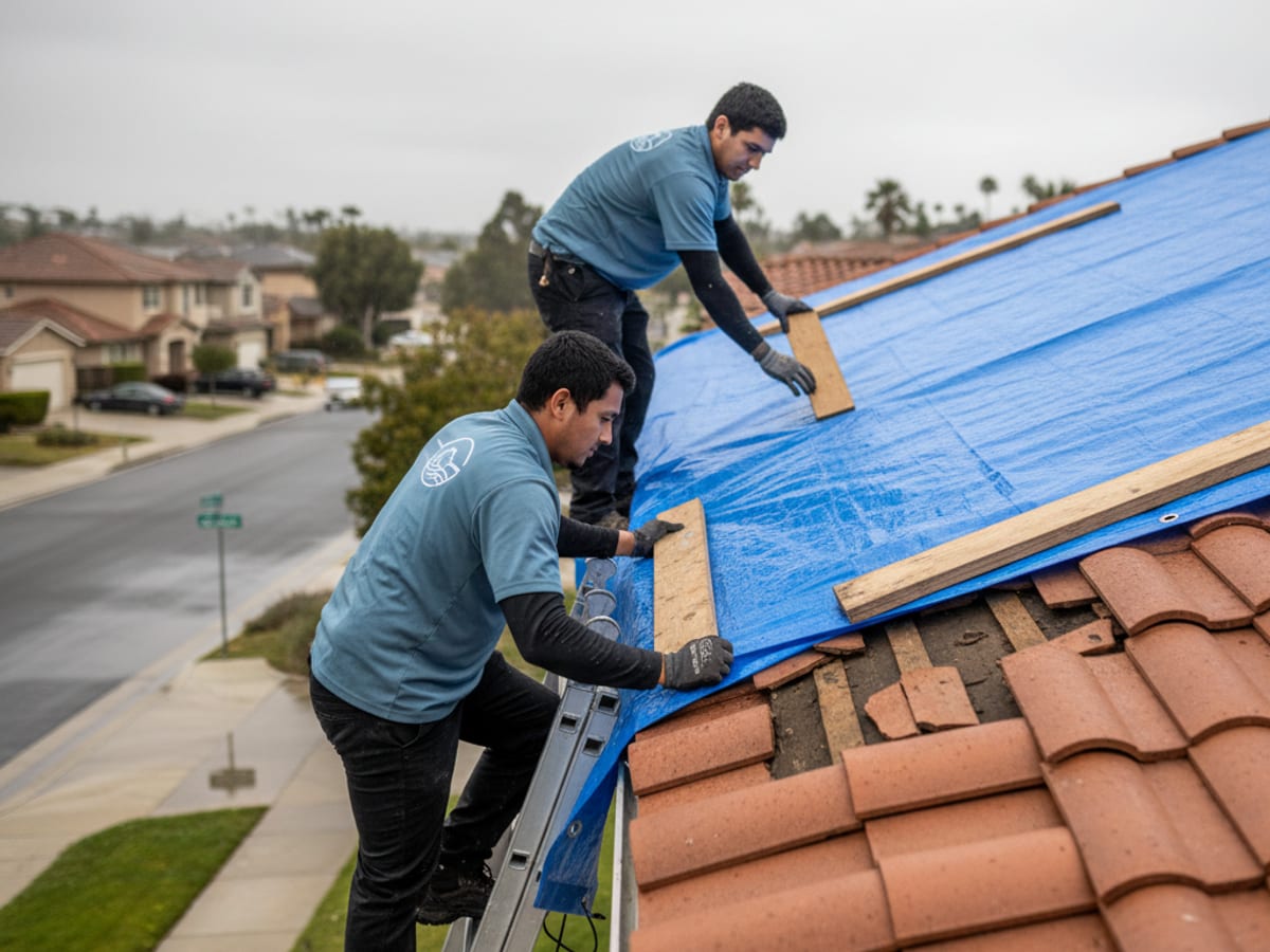 Restoration crew installing emergency roof tarp on a wind-damaged San Diego home after a storm