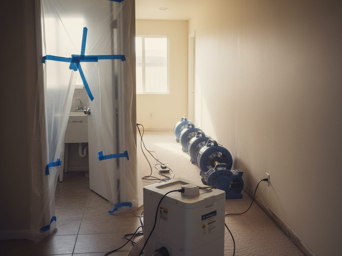 Centrifugal air movers and a refrigerant dehumidifier set up to dry a wet hallway in a San Diego home