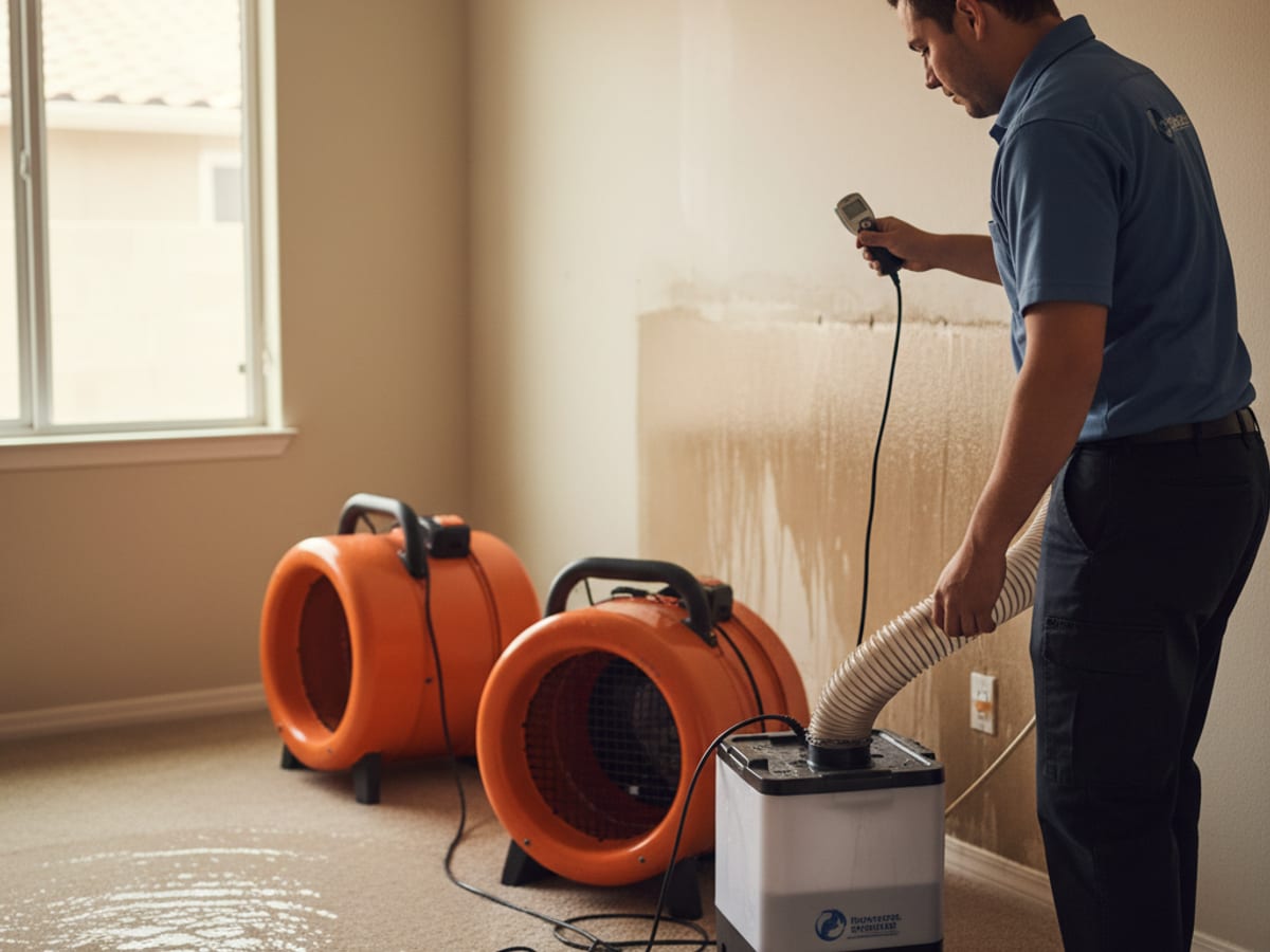 Restoration technician in slate-blue polo using a moisture meter on a flooded San Diego living room
